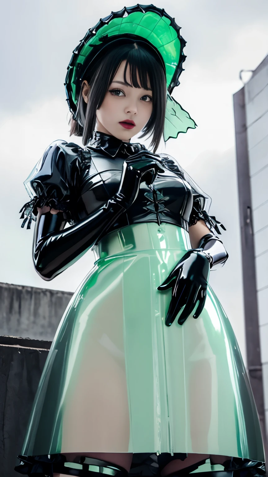 (masutepiece:1.0), (Best Quality:1.4), (A high resolution:1.2), (Photorealistic:1.4),(from below:1.5), (8K, Raw photo:1.2), (Soft Focus:1.4),There is a girl wearing gothic ta costume who is standing in the street and taking pictures.............................................................,full body lesbian, She is wearing a gothic loliBREAK,She is wearing a gothic lolita ,K,(translucent latex mint gothic lolita:1.5),e skin,BREAK, smooth tight ,( the shiny leather black gloves:1.4),BREAK, translucent skin,Latex, Translucent body,latex shiny, The perfect gloves for your skin,bob hair, shiny reflective,gal make up,goddess of Japan, Glossy skin,gorgeous japanese model,Tecateca,shiny,Slimy,(translucent latex mint lap skirt:1.5),close up,detailed background,in the street