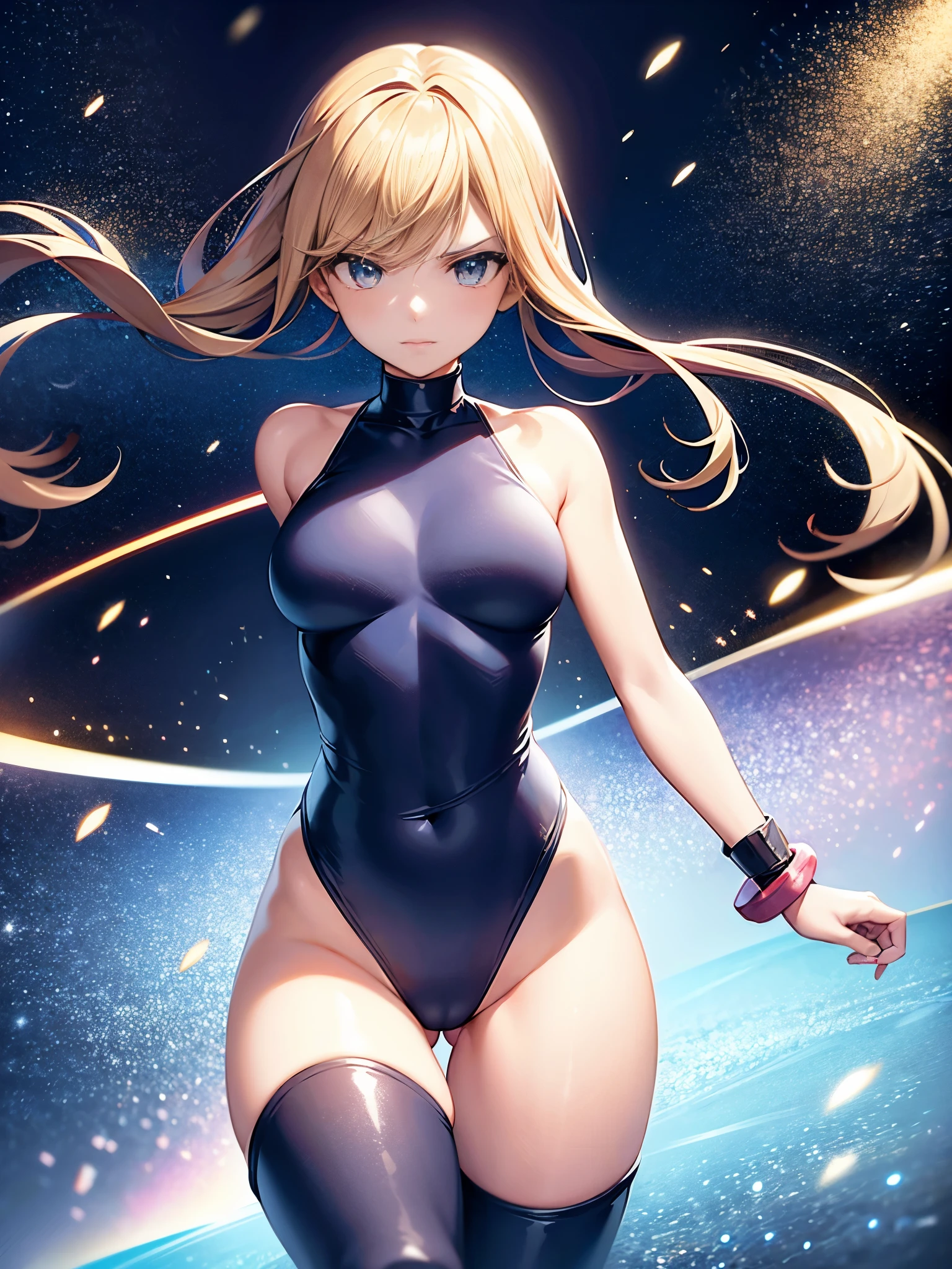 1girl, medium breasts, leotard, blue leotard with red accents, tight belt, bare legs, boots, matching boots, bracelets, city backdrop, solo, single, standing, full body shot, cowboy shot, beautiful detailed eyes, spread arms, spinning, spins fast in place like a tornado, twirling in place, tornado spinning, rapid gyration, space backdrop, motion blur, speed lines, tornado, time warp