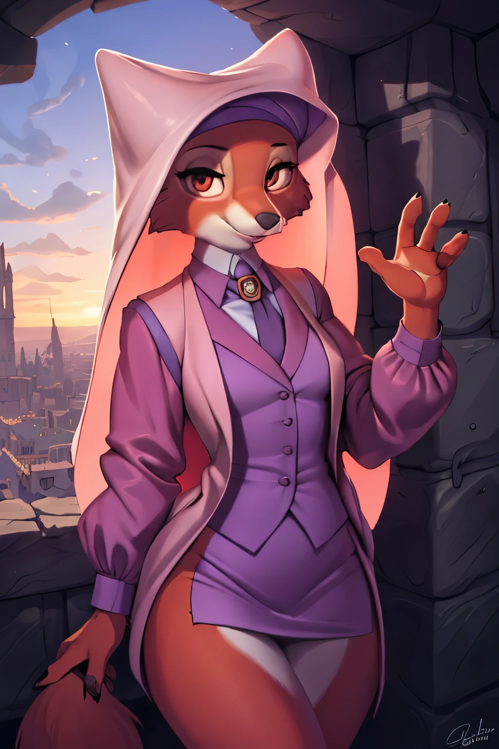 best quality, furry, anthro, animal nose,  maidmarian, smile, orange eyes, fox, waving, skirt suit, (((three-piece suit))), necktie, blazer, suit jacket, waistcoat, bodycon skirt, showing off, showing leg, ((((holding lapel)))), detailed hand, exterior, retrato con gran apertura, cool tones, fuerte impacto visual, espacio en blanco, contraste de luces y sombras, Super texture, resplandor del atardecer, Super clear image, imagen sencilla