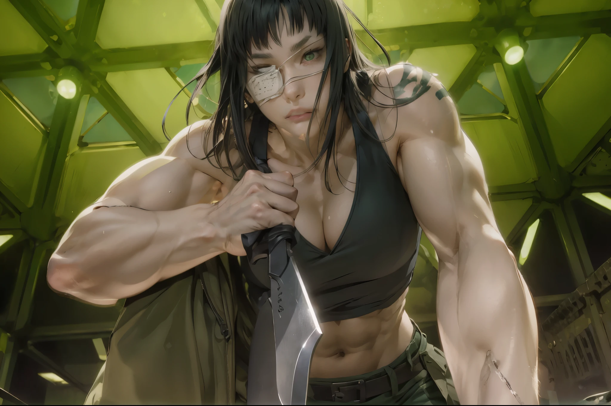 anime character with a knife in his hand and a green background, badass anime 8 k, revy from black lagoon, rei hiroe black lagoon manga, revy black lagoon, female action anime girl, makoto shinka, badass pose, muscular! green, muscular!!, detailed anime character art, best anime 4k konachan wallpaper, muscular!