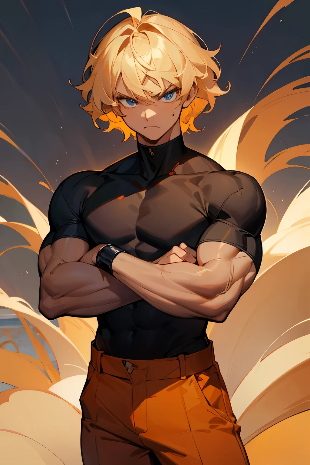short wavy hair, black shirt, young male, blue eyes, night time, blonde hair, angry, sandy background, caramel skin tone, muscular, orange pants,arms crossed
