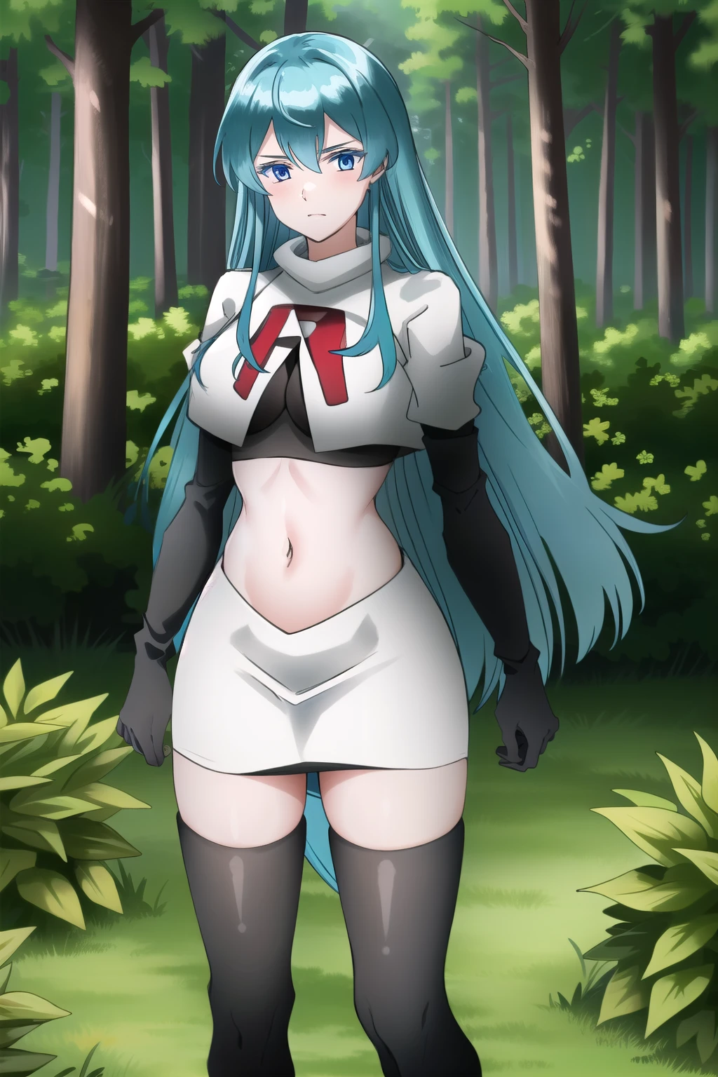 (extremely detailed CG unity 4k wallpaper),(masterpiece),(best quality),(ultra-detailed),(best illustration),(best shadow),(absurdres),(detailed background), Esdeath, 1girl, breasts, long hair, blue hair, blue eyes, large breasts, very long hair, nature, forest, tattoo, mature woman, team rocket,team rocket uniform, red letter R, white skirt,white crop top,black thigh-highs,black elbow gloves