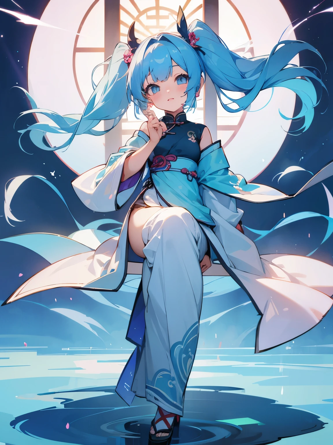 masutepiece, Fine details, 4K, 8K, 12K, Solo, 1 person, Beautiful Girl, caucasian female, , 149 cm, Light blue hair, Short hair, Wavy Hair, Red Eyes, Black costume、black robes, Long sleeves, Wide sleeves, long hem, Long hem、I can't see my knees、Black hood
