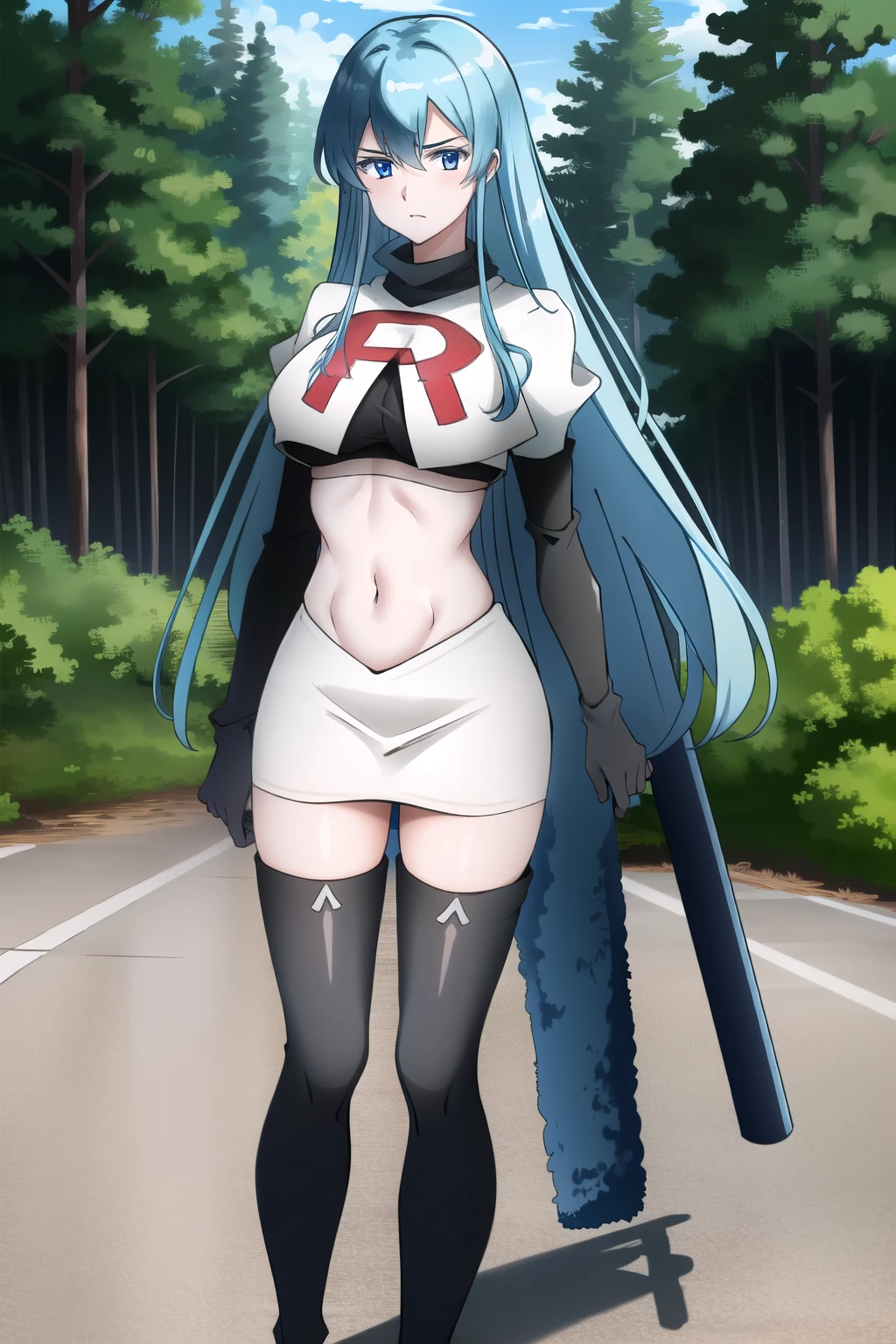 (extremely detailed CG unity 4k wallpaper),(masterpiece),(best quality),(ultra-detailed),(best illustration),(best shadow),(absurdres),(detailed background), Esdeath, 1girl, breasts, long hair, blue hair, blue eyes, large breasts, very long hair, nature, forest, tattoo, mature woman, team rocket,team rocket uniform, red letter R, white skirt,white crop top,black thigh-highs,black elbow gloves