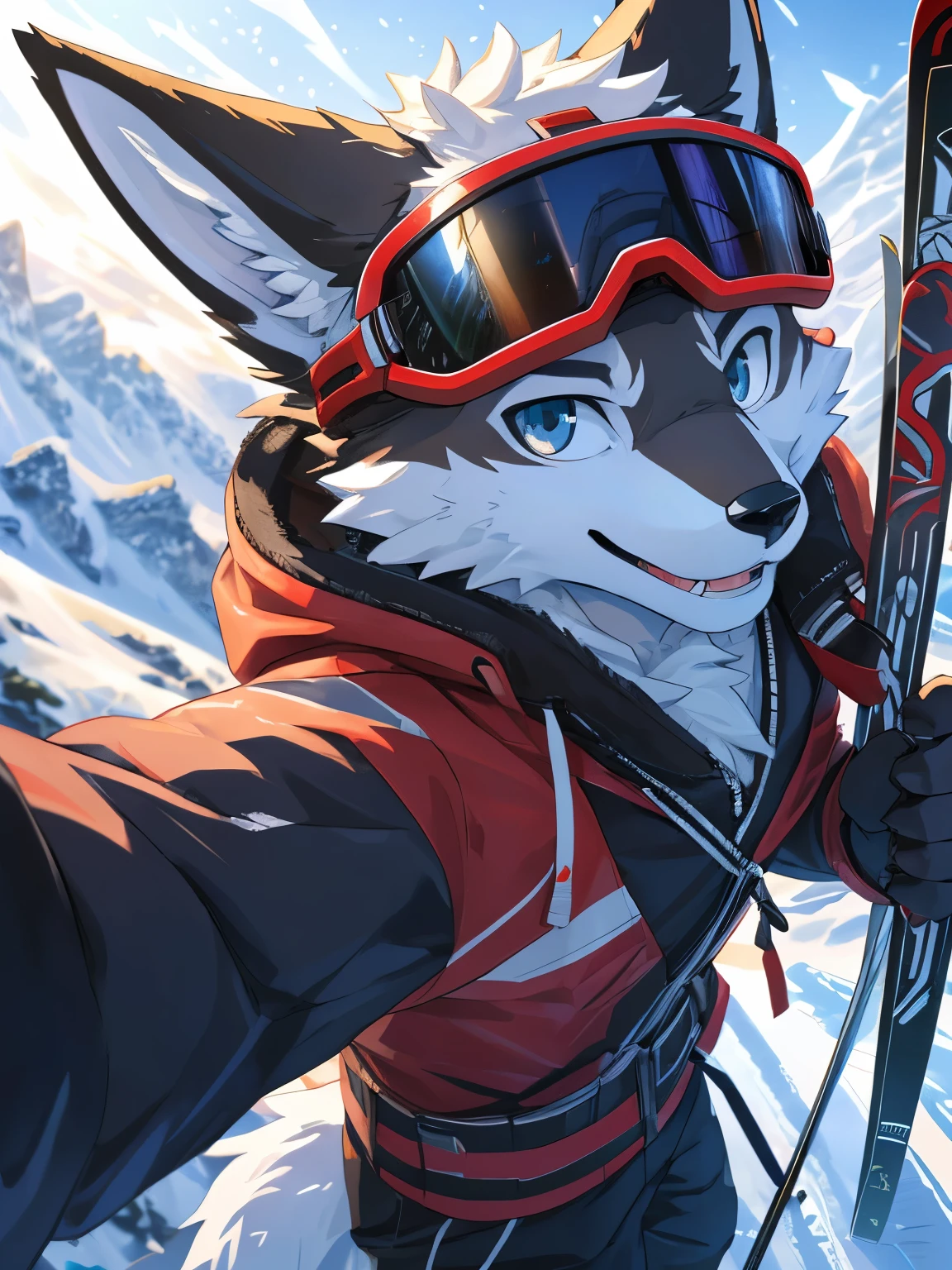 Anthro((dramatic))epic, dynamic pose, One scene of movie, An extreme perspective with a powerful composition, absurdres, Perfect Anatomy, full body like, in a panoramic view, magnificent picture of kemono fighting fierce battles, (ultra detailed), sharp focus, niji, eyesgod, black eye, furry, (white fur:1.5), anthro (artic fox), male, -agedil, ski outfit, ski goggles, white fluffy winter jacket, ultra detailed face, depth of field, motion blur, high details, high quality, award winning, HD, 16k, (best quality,4k,8k,highres,masterpiece:1.2),ultra-detailed,realistic:1.37,HDR,UHD,studio lighting,extreme detail description,professional,vivid colors,bokeh,lively atmosphere, natural lighting, smile, at the Snowy places (close up:1.5), looking at viewer, (ski:1.4), (solo:1.2)
