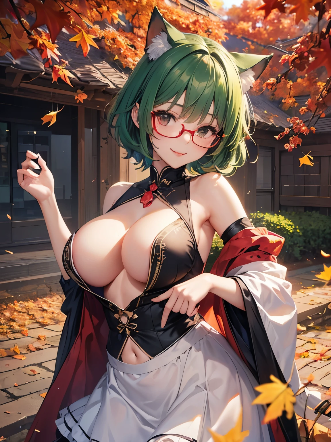 highest quality,wonderful,masterpiece,delicate,ultra high resolution,Super detailed,intricate details,beautiful,8K resolution,(Highly detailed CG Unity 8k wallpaper),sharp focus、Dark green hair、short hair、Cat ear、red glasses、big breasts、underboob、vivid hair、Shaggy hair、messy hair、vivid skin、Glossy skin、belly button、 face、ta、short、kawaii、beautiful瞳、sexy、smile、Pleasure、happiness、autumn leaves、ginkgo biloba、outdoors、night、a flurry of autumn leaves petals、 red and green maid dress、light up