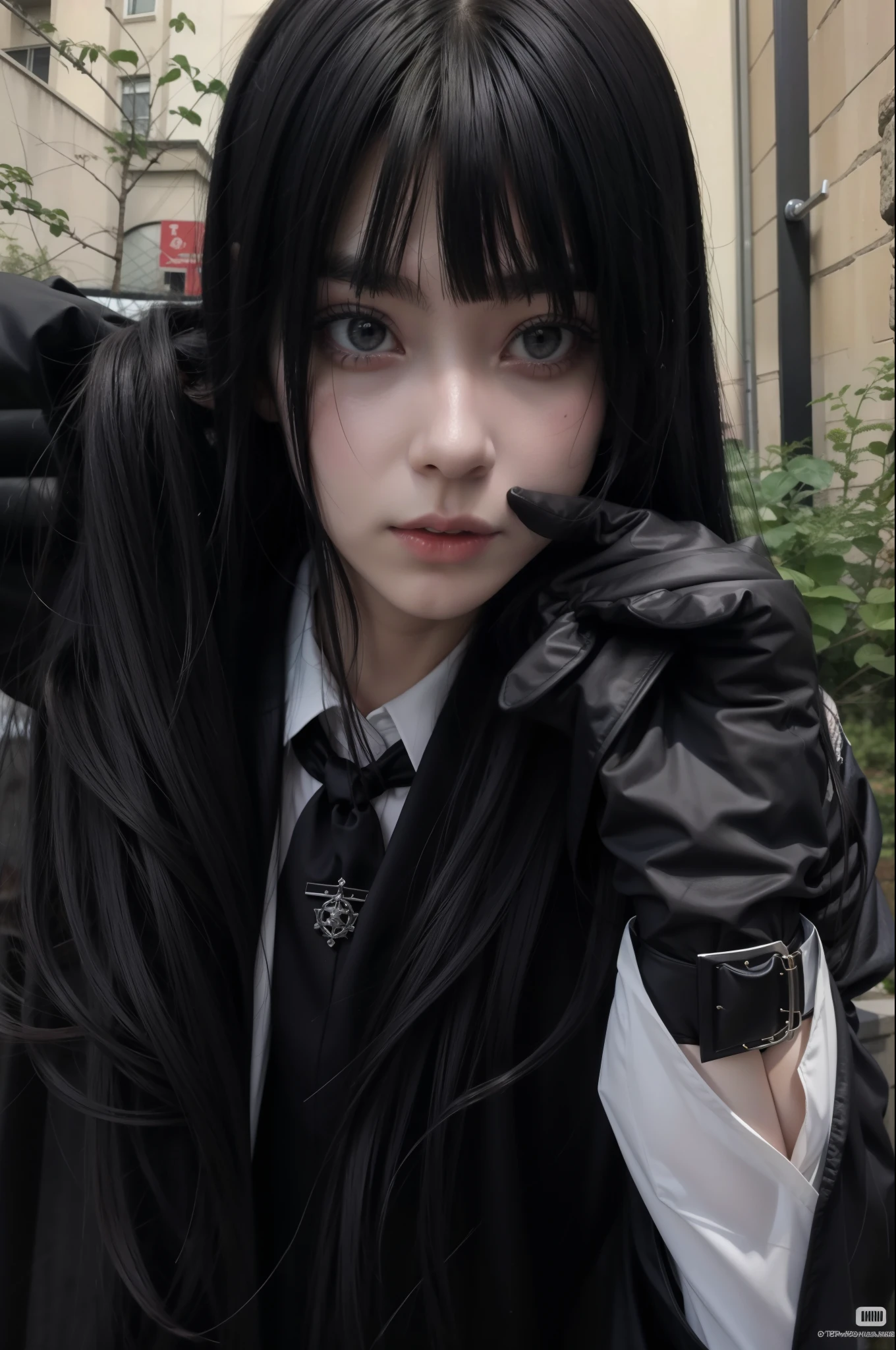 hay una mujer que lleva un abrigo negro y una corbata, 1 7 anime gothic girl, chica anime cosplay, cosplay realista, chica anime en la vida real, estilo anime mezclado con fujifilm, dos colas blancas_guantes, with the index finger, foto de cosplay, anime cosplay, sui ishida con cabello negro, 1 7 year oldgirl