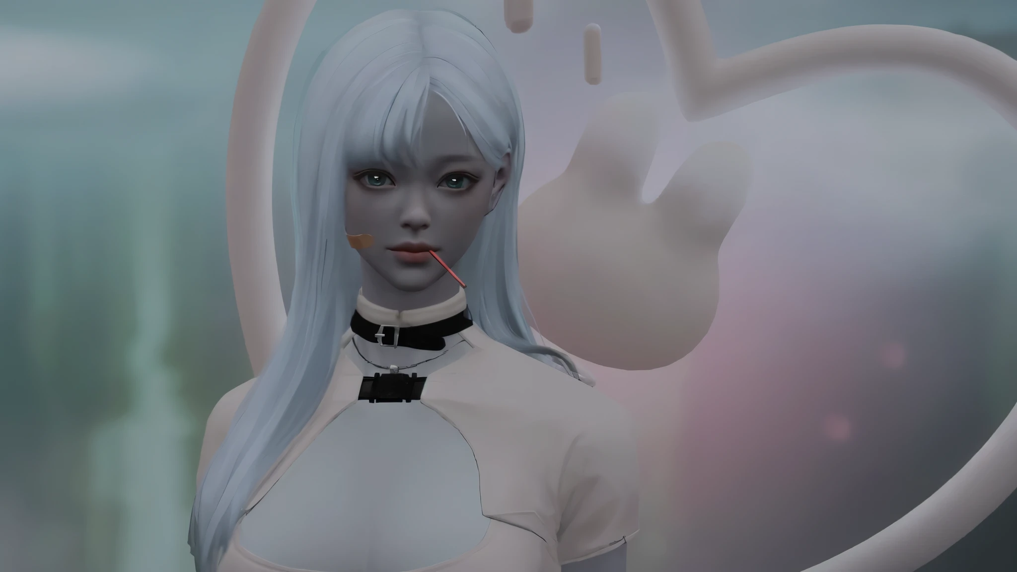 il y a une femme avec des cheveux blancs et un tour de cou noir, cyberesthétique, cyborg - silver-haired girl, fille aux cheveux blancs, Integrated synthetic Android, inspiré par Russell Dongjun Lu, inspired by Sim Sa-jeong, inspired by Alexandre Gine, inspired by Yanjun Cheng, inspiré par Jeonseok Lee, echo of'overwatch, inspired by Gao Cen