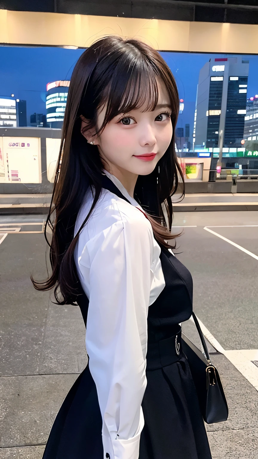 (highest quality,High resolution,super detailed,realistic:1.2) 混雑したstation platform, eye level perspective, cold night、station platform、young woman、black hair medium long、cute、after work、sabrina bag、white blouse、skirt、pumps、engagement ring、lively crowd, dynamic movement, modern architecture, city life、Station scenery during the rush to return home。