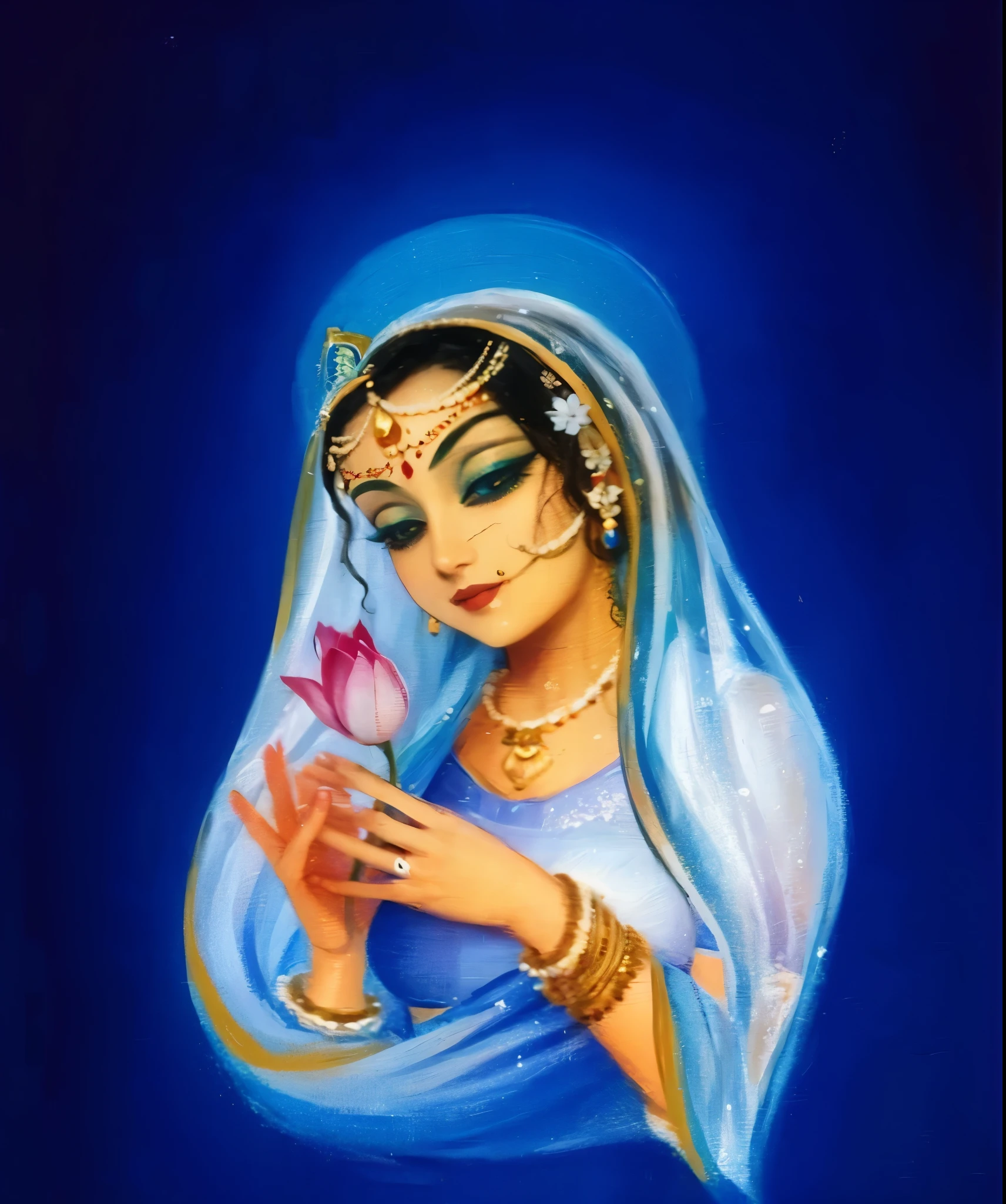 Radharani holding a lotus, wearing blue saree, bright blue background