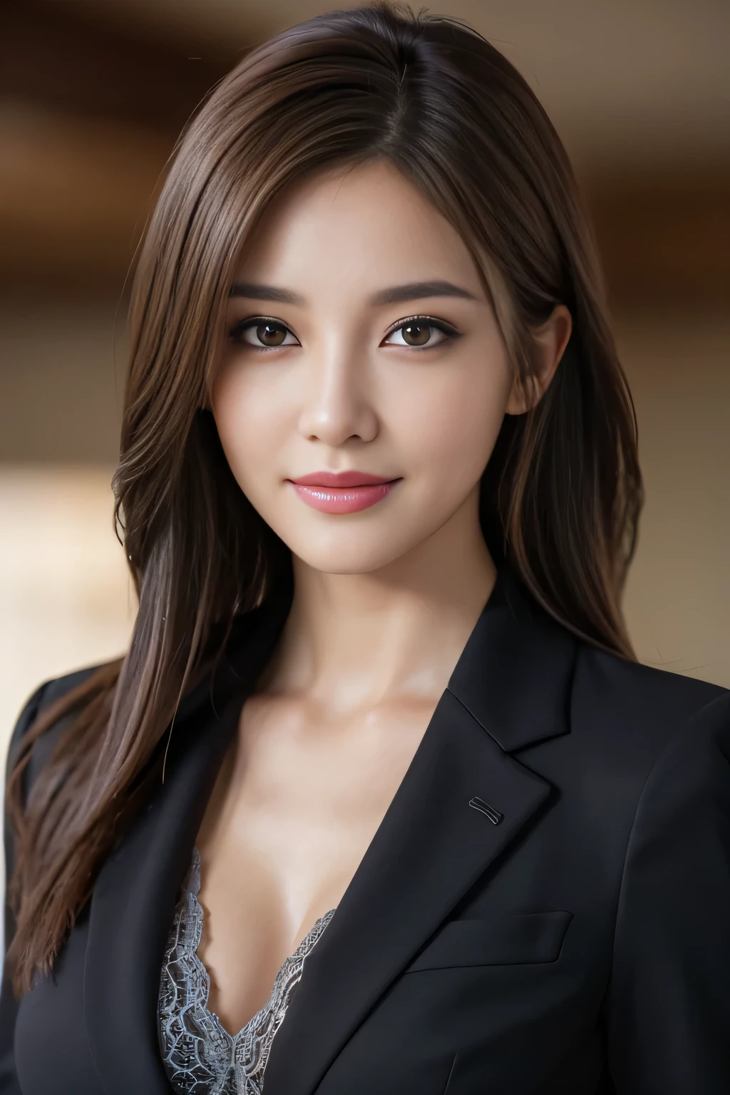 table top, highest quality, realistic, Super detailed, finely, High resolution, 8k wallpaper, 1 beautiful woman,, light brown messy hair, wearing a business suit, sharp focus, perfect dynamic composition, beautiful and detailed eyes, thin hair, Detailed realistic skin texture, smile, close-up portrait, model body shape