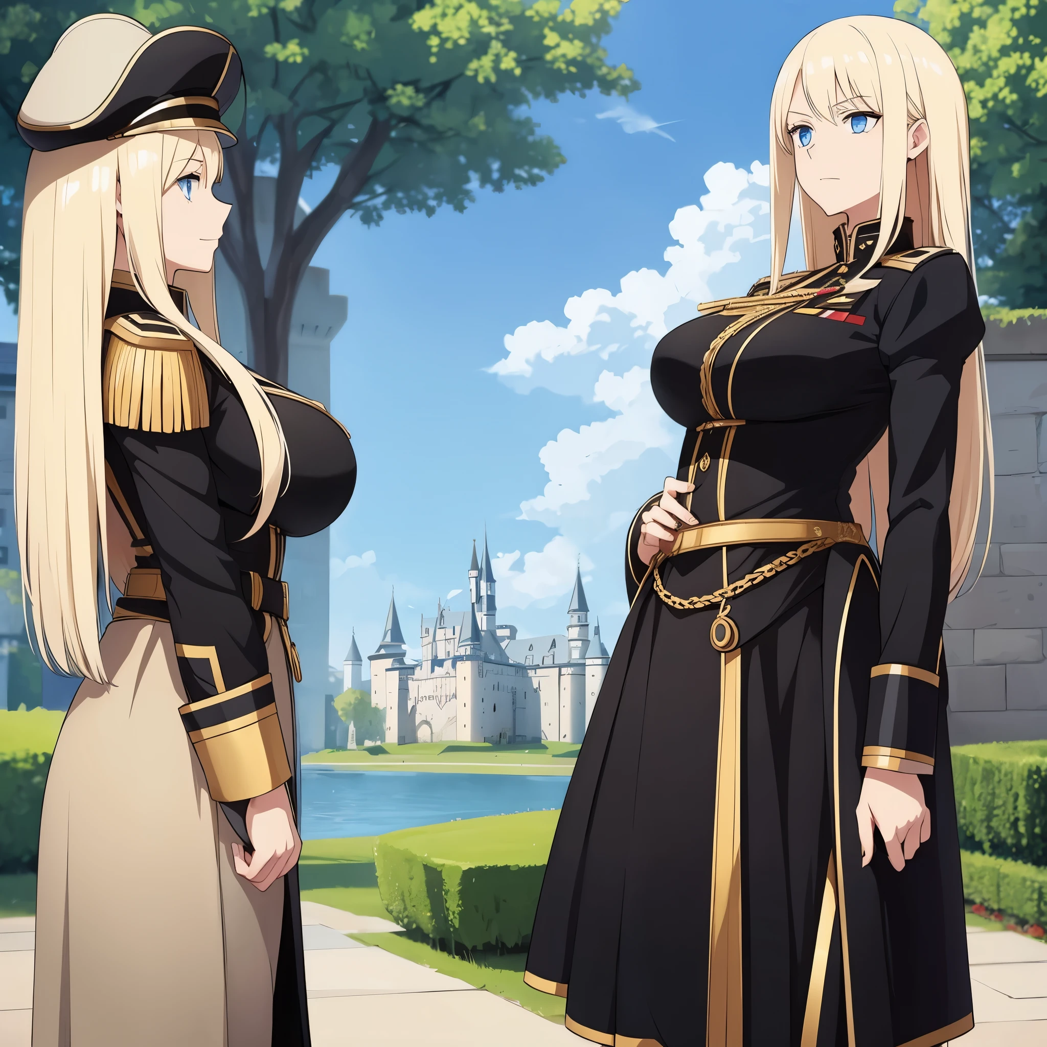 A woman with long blonde hair, blue eyes, wearing a black Prussian uniform with gold details, outside a large castle.
