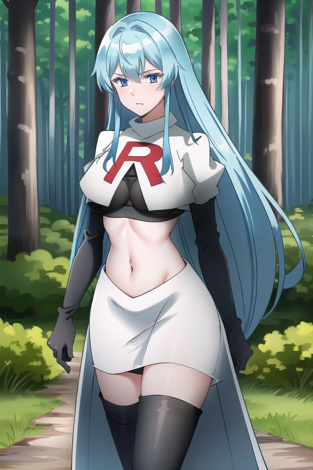 (extremely detailed CG unity 4k wallpaper),(masterpiece),(best quality),(ultra-detailed),(best illustration),(best shadow),(absurdres),(detailed background), Esdeath, 1girl, breasts, long hair, blue hair, blue eyes, large breasts, very long hair, nature, forest, tattoo, mature woman, team rocket,team rocket uniform, red letter R, white skirt,white crop top,black thigh-highs,black elbow gloves