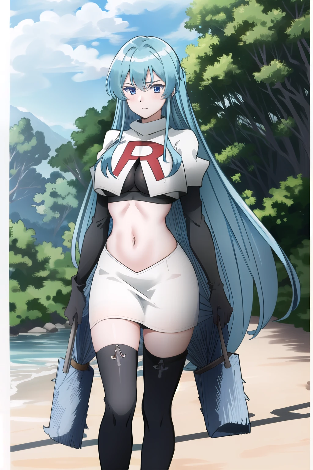 (extremely detailed CG unity 4k wallpaper),(masterpiece),(best quality),(ultra-detailed),(best illustration),(best shadow),(absurdres),(detailed background), Esdeath, 1girl, breasts, long hair, blue hair, blue eyes, large breasts, very long hair, nature, forest, tattoo, mature woman, team rocket,team rocket uniform, red letter R, white skirt,white crop top,black thigh-highs,black elbow gloves