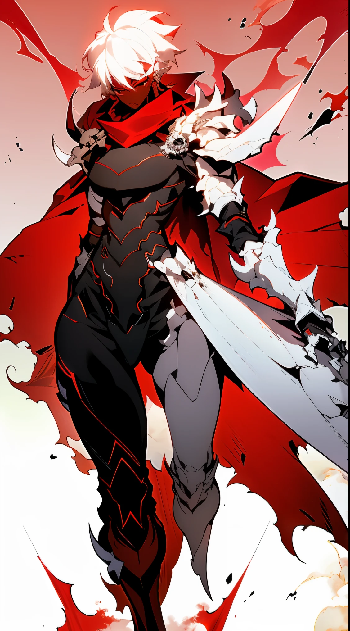 darkskin woman in fantasy clothes, white short hair in a ponytail, red eyes, Torn red scarf, white and black Armor, skull-shaped shoulder pad, skull Knee Pads, aura (red), angry, rage mode, full body view, perfect Anatomy, intricate pencil sketch, expressive eyes and nose and mouth, un-zoom, highly detailed, white background