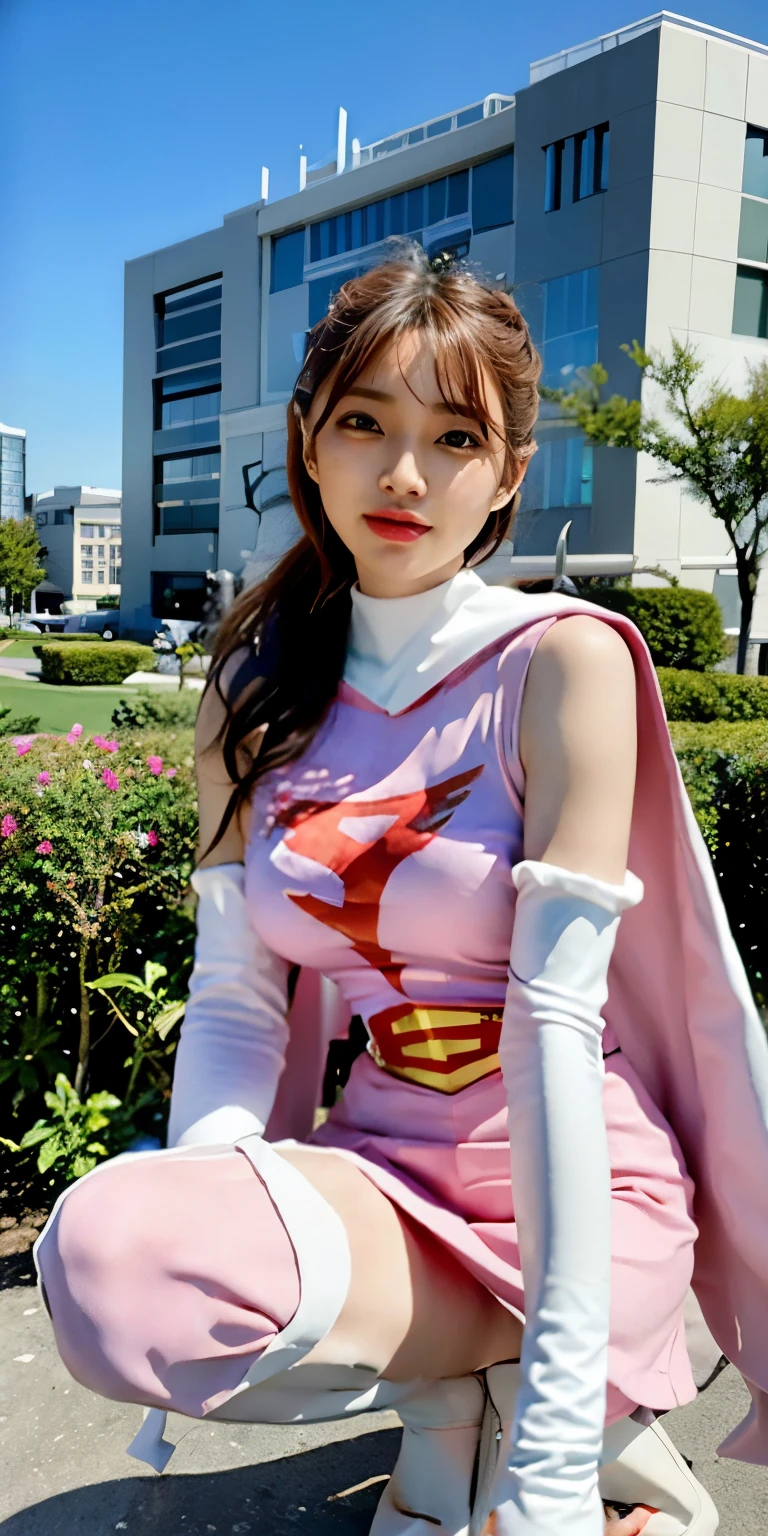 Highest image quality、real image、super detailed photo、18-year-old美少女、ポニーテールbeautiful woman、beautiful sister、A woman wearing a pink dress and cloak is squatting in front of a building,spread legs、showwhitepanties,whitepanties,white panties、beautiful woman、Jun、beautiful sister、beautiful sister、 18-year-oldの女の子,白鳥のJun、knee high boots science ninja、white panties、beautiful woman、 As a retro-futuristic heroine, 18-year-old、As a retro-futuristic heroine, beautiful thighs、sheila, she - ra, anime female hero portrait, Portrait of a modern dharna, anime visual of super girl, super girl, official art, Dinah Drake, hironaka, Blowjob White Mecha Miniskirt