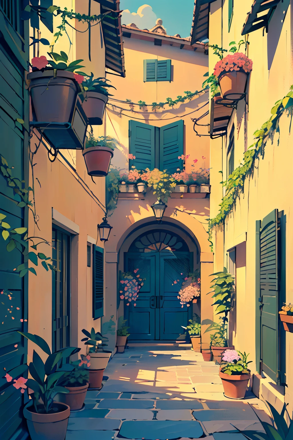 (masterpiece:1), (full view:1.5), (a charming cobblestone plant nursery street in Italy:1.6), (tropical flora:1.3), silence, (Vibrant bougainvillea spill over wrought-iron balconies:1.4), (Potted palms line the sidewalk:1.2), magnificent sky, (Dim volumetric light:1.4), peaceful, (beautiful scattered cloudy sky), (beautiful tones:1.5), (peaceful ambience :1.4), (calmness: 1.4), (Decorative terracotta pots overflow with exotic blooms:1.3), (beautiful aesthetics:1.2), (Brightly painted shutters frame windows adorned with trailing vines:1.2), beautiful tones, subtle colors, peaceful, (illustration: 1.0), epic composition, realistic lighting, HD details, masterpiece, best quality, ,(no human:1.7)