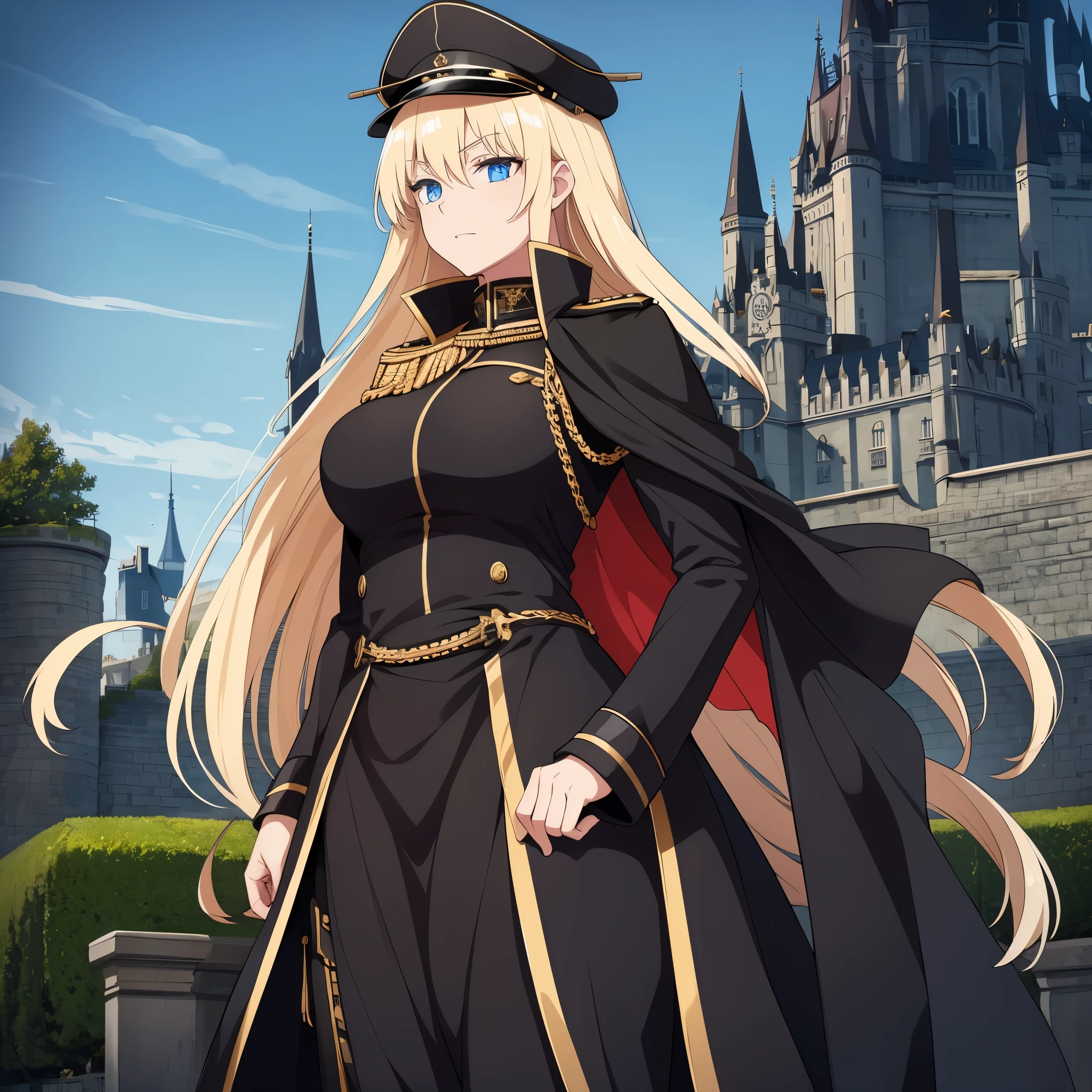 A woman with long blonde hair, blue eyes, wearing a black Prussian uniform with gold details, wearing a black military hat with gold details, a black cape, outside a large castle.
