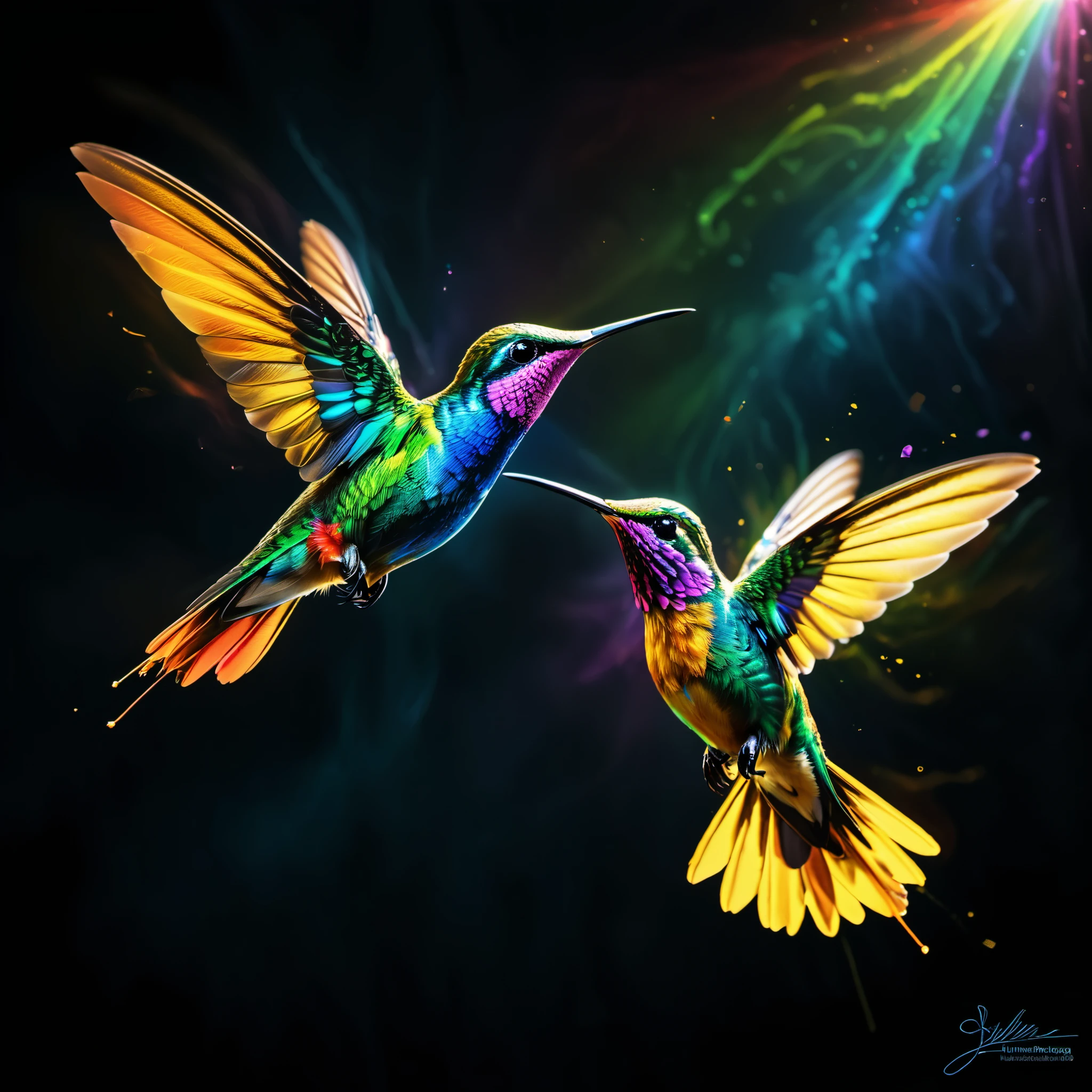 An elegant depiction of a pair of brightly colored hummingbirds gracefully soaring through the pitch-black void, unfurling rainbow-like wings. This highly detailed artwork is rendered in stunning 8K resolution, drawing inspiration from the masterful airbrushing techniques of Charles Lynn "Chuck" Bragg, commonly known as the Birdman. The vibrant creatures stand out against the dark background, providing a high-definition image that surpasses the level of detail and clarity found in typical 4K art wallpapers, truly capturing the essence of nature's blossoming color palette in a realistic photographic display