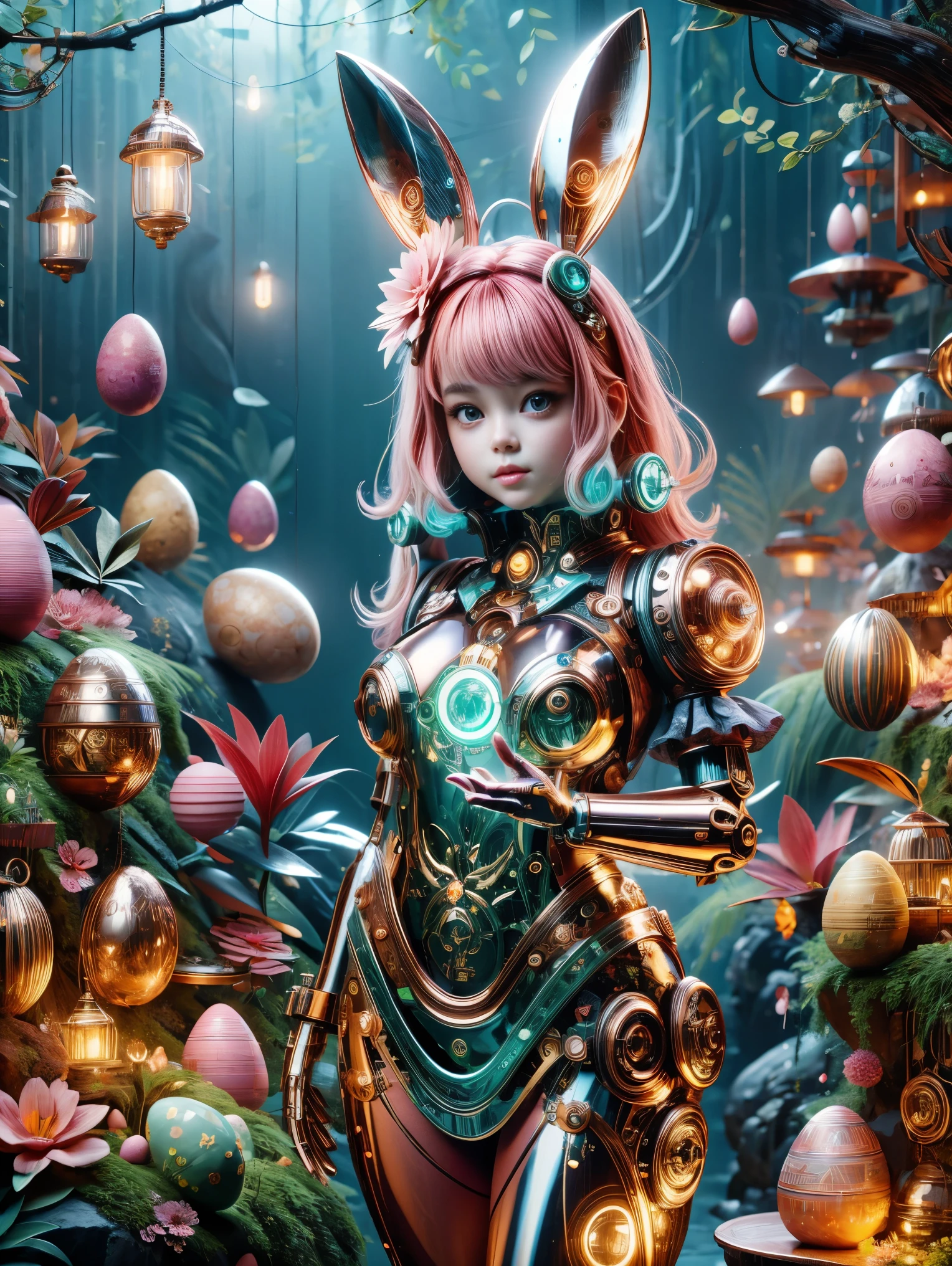 1 cute girl,Its body is made of fine metal parts。Eyes are like two shining gems,Transparent glow,Under the illumination of neon lights,Create a sparkling effect together with high-precision mechanical components。Surrounded by exotic plants and Easter eggs,Create a mysterious and fantasy atmosphere。The scene combines traditional themes with futuristic steampunk style,Showcasing Girl's complex mechanical design and magical garden environment。