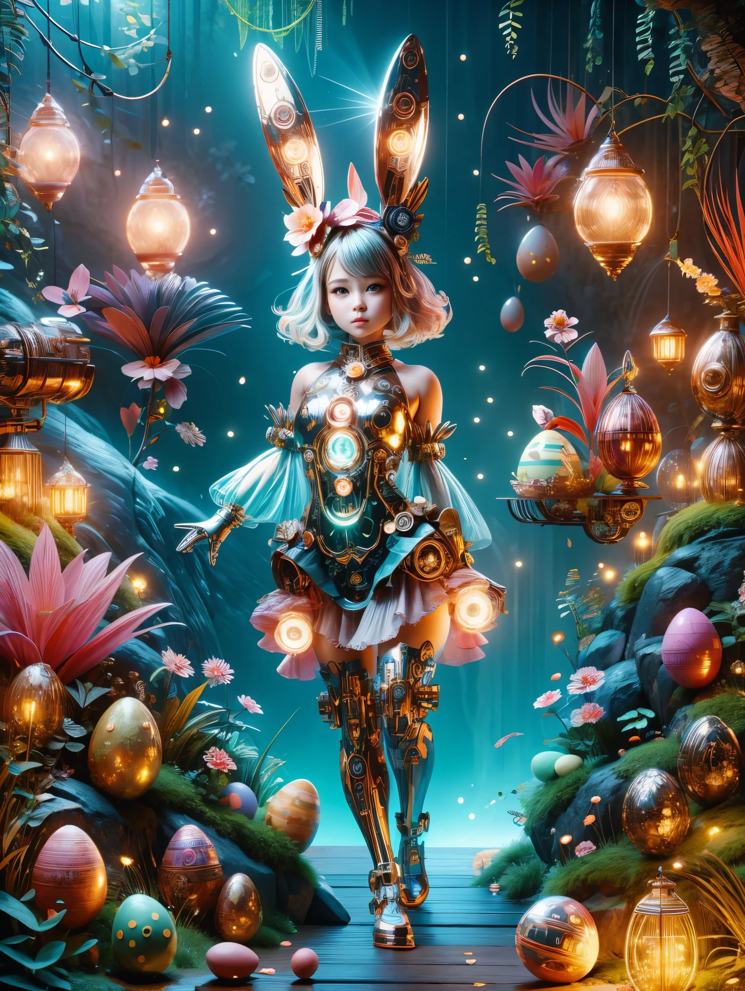 1 cute girl,Its body is made of fine metal parts。Eyes are like two shining gems,Transparent glow,Under the illumination of neon lights,Create a sparkling effect together with high-precision mechanical components。Surrounded by exotic plants and Easter eggs,Create a mysterious and fantasy atmosphere。The scene combines traditional themes with futuristic steampunk style,Showcasing Girl's complex mechanical design and magical garden environment。