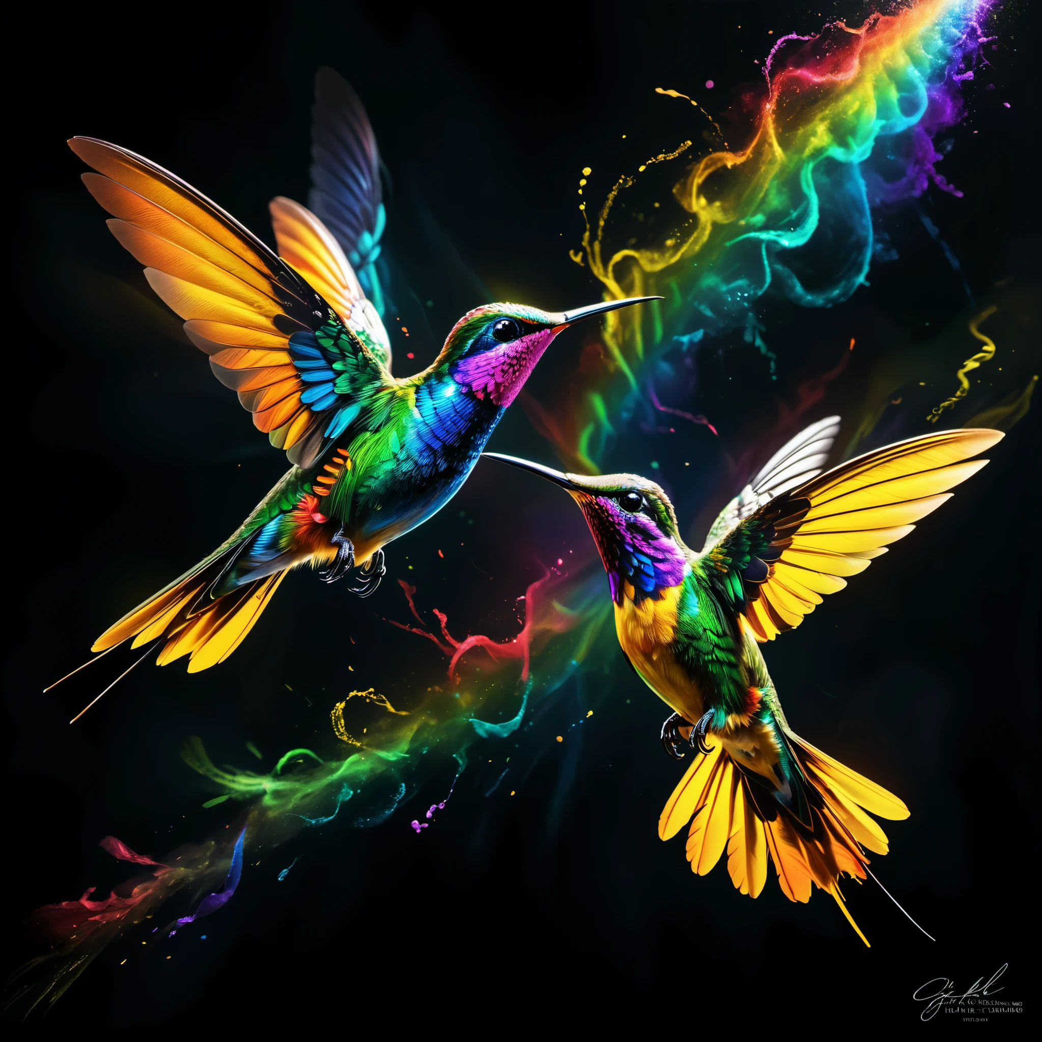 An elegant depiction of a pair of brightly colored hummingbirds gracefully soaring through the pitch-black void, unfurling rainbow-like wings. This highly detailed artwork is rendered in stunning 8K resolution, drawing inspiration from the masterful airbrushing techniques of Charles Lynn "Chuck" Bragg, commonly known as the Birdman. The vibrant creatures stand out against the dark background, providing a high-definition image that surpasses the level of detail and clarity found in typical 4K art wallpapers, truly capturing the essence of nature's blossoming color palette in a realistic photographic display
