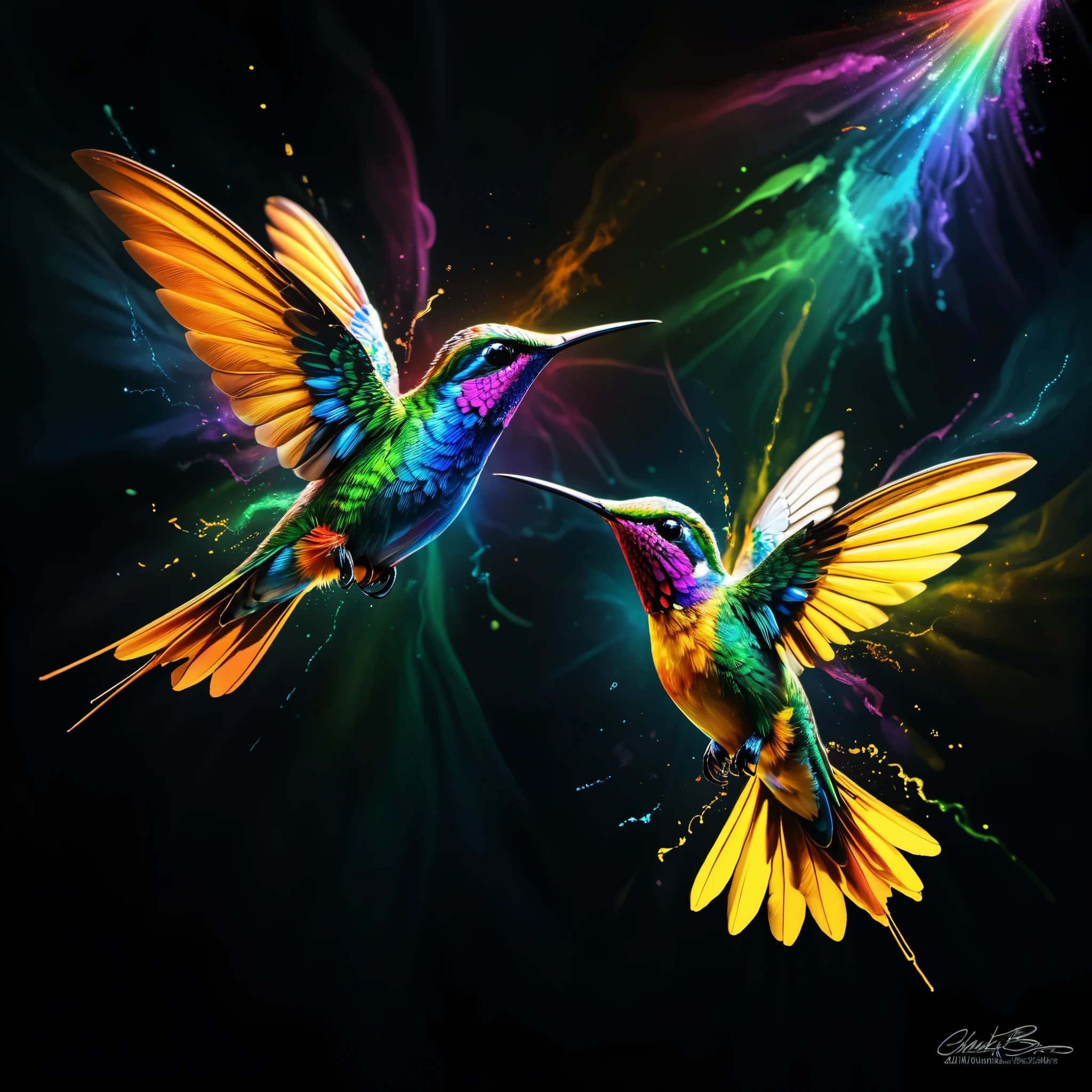 An elegant depiction of a pair of brightly colored hummingbirds gracefully soaring through the pitch-black void, unfurling rainbow-like wings. This highly detailed artwork is rendered in stunning 8K resolution, drawing inspiration from the masterful airbrushing techniques of Charles Lynn "Chuck" Bragg, commonly known as the Birdman. The vibrant creatures stand out against the dark background, providing a high-definition image that surpasses the level of detail and clarity found in typical 4K art wallpapers, truly capturing the essence of nature's blossoming color palette in a realistic photographic display
