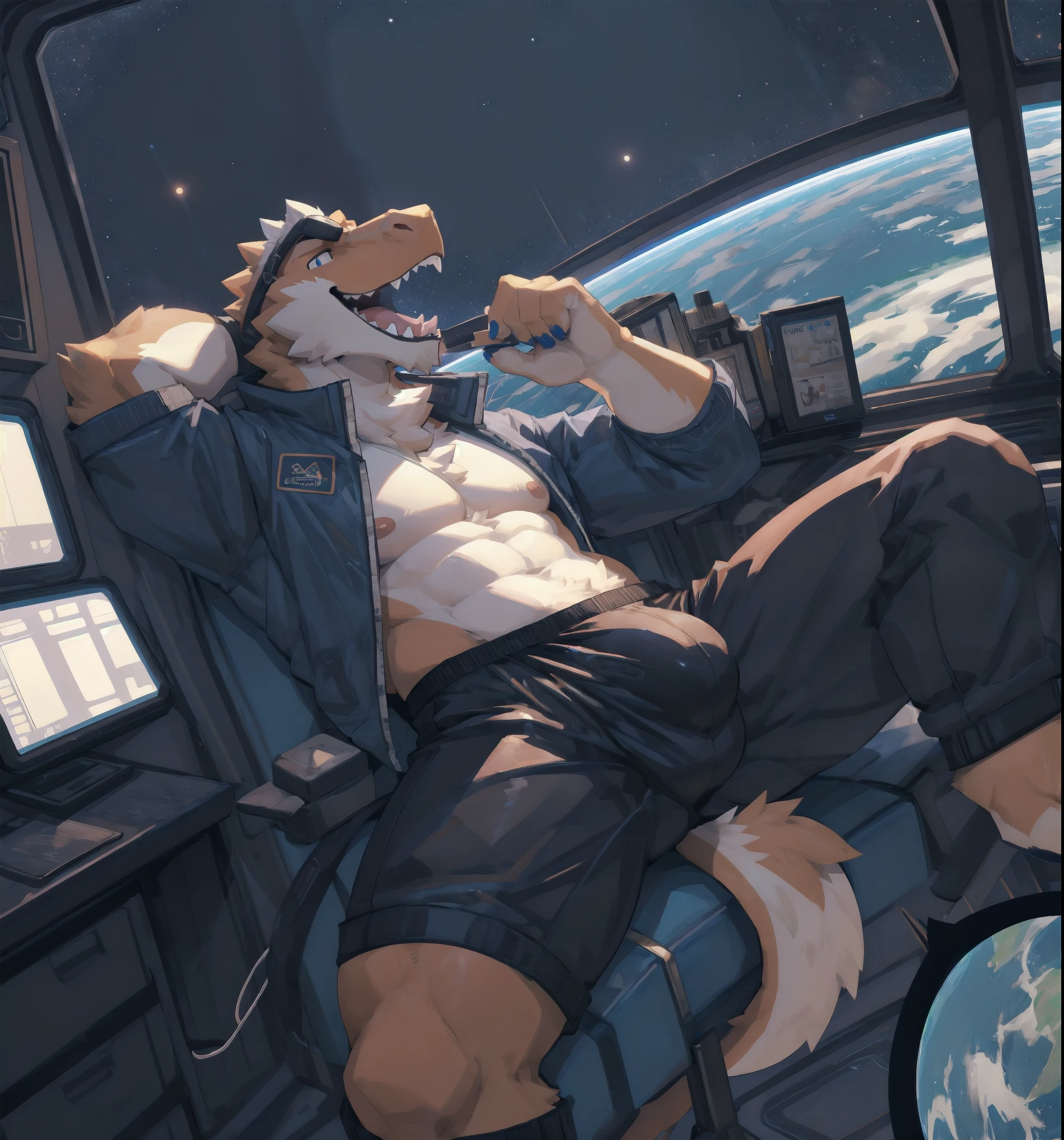 Solo, male, legs spread open, pulling pants down, by bigcozyorca, by goonie-san, by bebebebebe, by spikedmauler, facing viewer, black, black tyrannosaurus, bushy tail, buff, spacesuit, pulling pants down, showing off bulge, showing off, space observation deck background, open mouth, detailed mouth, tongue hanging out, drooling, smirking, eductive smile, lustful grin, bulge, bulging, hard bulge, adjusting hard bulge, adjusting bulge, adjusting crotch, masterbating, jacking off, touching dick