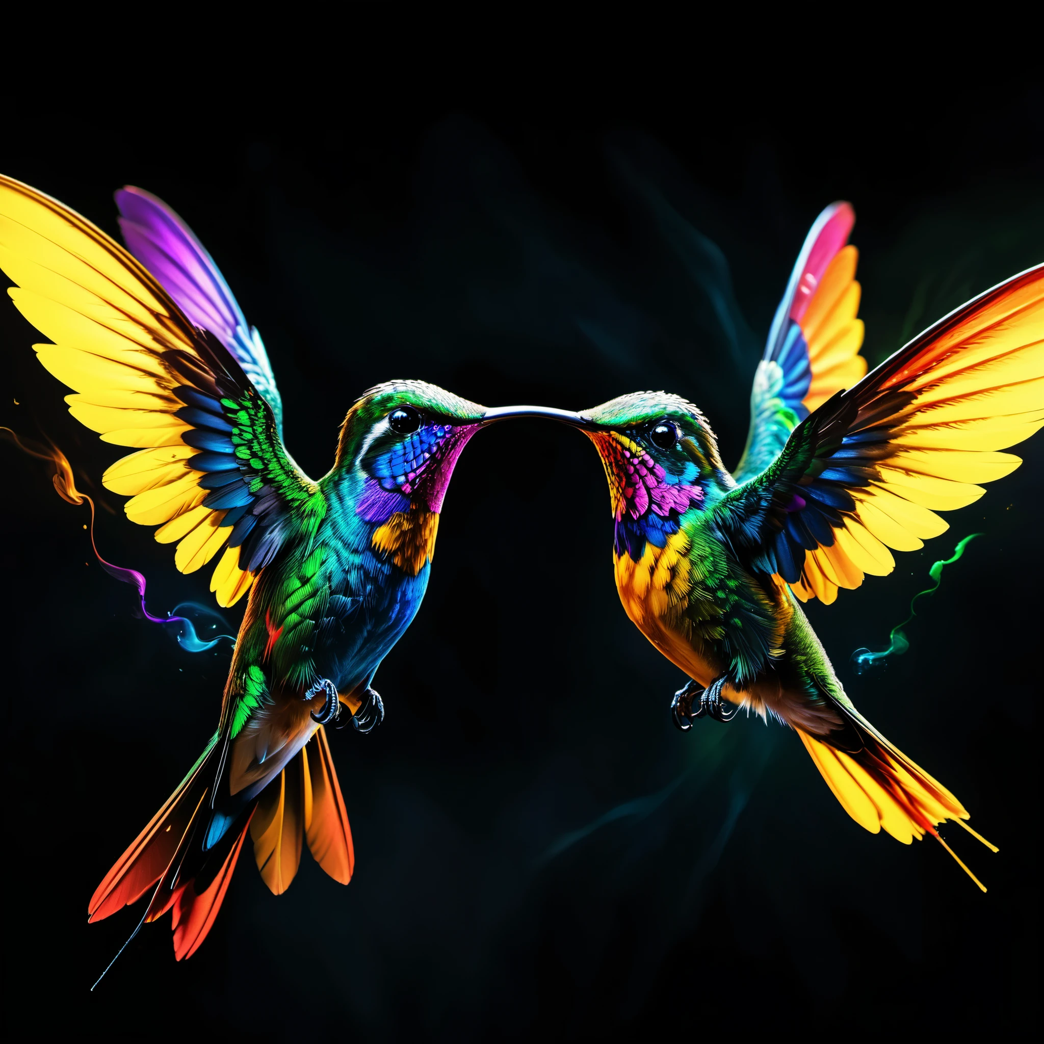 An elegant depiction of a pair of brightly colored hummingbirds gracefully soaring through the pitch-black void, unfurling rainbow-like wings. This highly detailed artwork is rendered in stunning 8K resolution, drawing inspiration from the masterful airbrushing techniques of Charles Lynn "Chuck" Bragg, commonly known as the Birdman. The vibrant creatures stand out against the dark background, providing a high-definition image that surpasses the level of detail and clarity found in typical 4K art wallpapers, truly capturing the essence of nature's blossoming color palette in a realistic photographic display