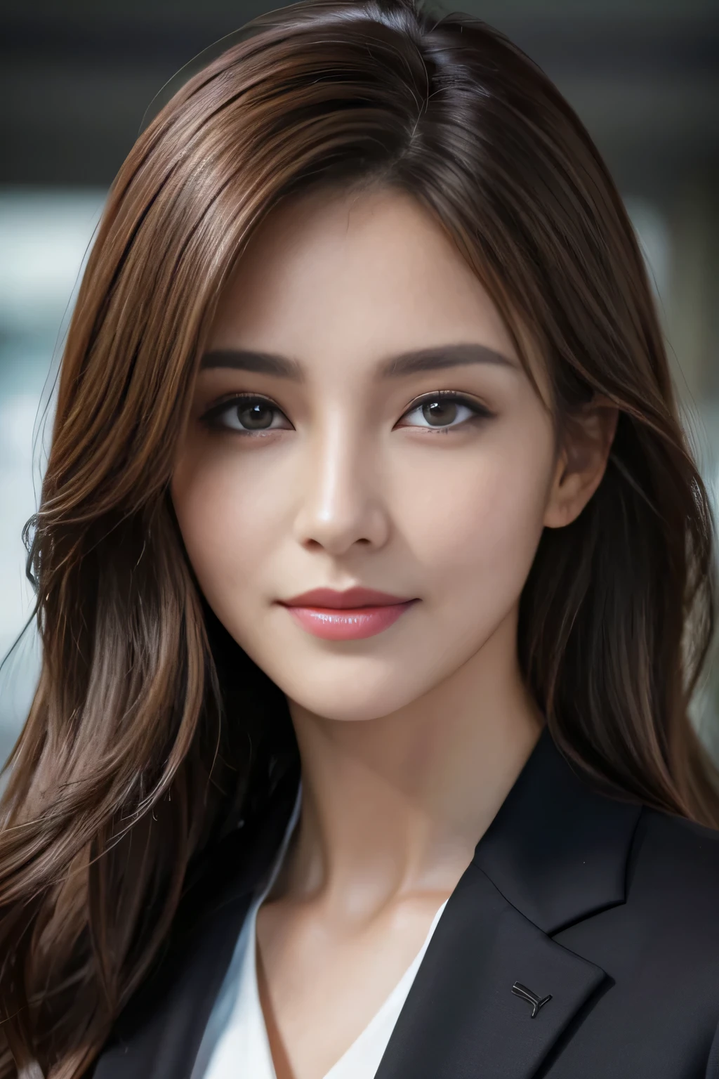 table top, highest quality, realistic, Super detailed, finely, High resolution, 8k wallpaper, 1 beautiful woman,, light brown messy hair, wearing a business suit, sharp focus, perfect dynamic composition, beautiful and detailed eyes, thin hair, Detailed realistic skin texture, smile, close-up portrait, model body shape
