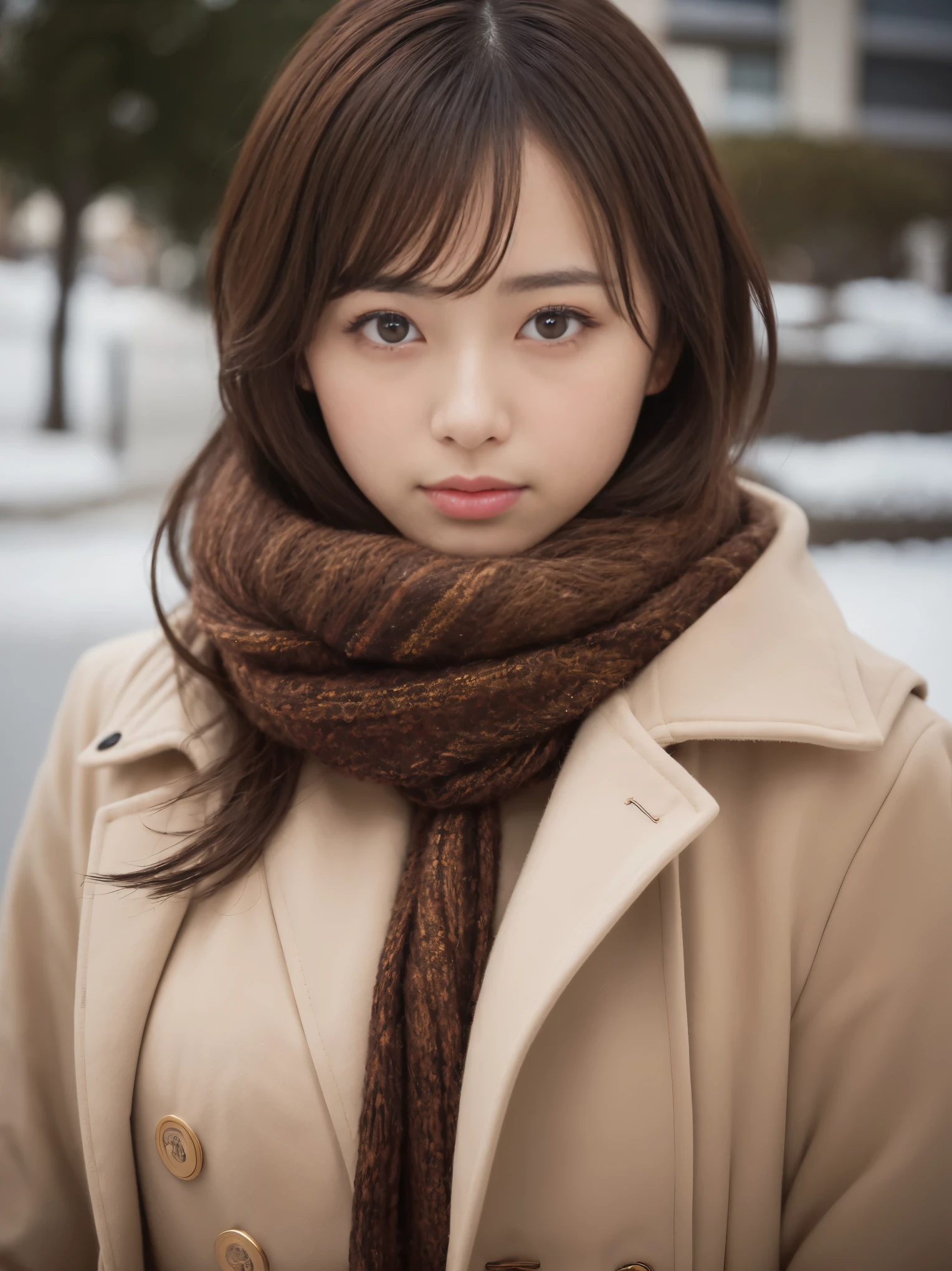 (best image quality、8k、masterpiece：1.3))、Realistic high quality photos、highest quality、pretty girl～well-groomed face、25 year old beautiful Japan woman、slim model photos、big breasted model、若いjapanese girl、young and cute face、japanese girl、25 year old female model、beautiful model girl、The innocent look of the girl next door、nice delicate face、brown hair、beautiful brown eyes、tear bag、drooling eyes、young body、coat, scarf, gloves, winter