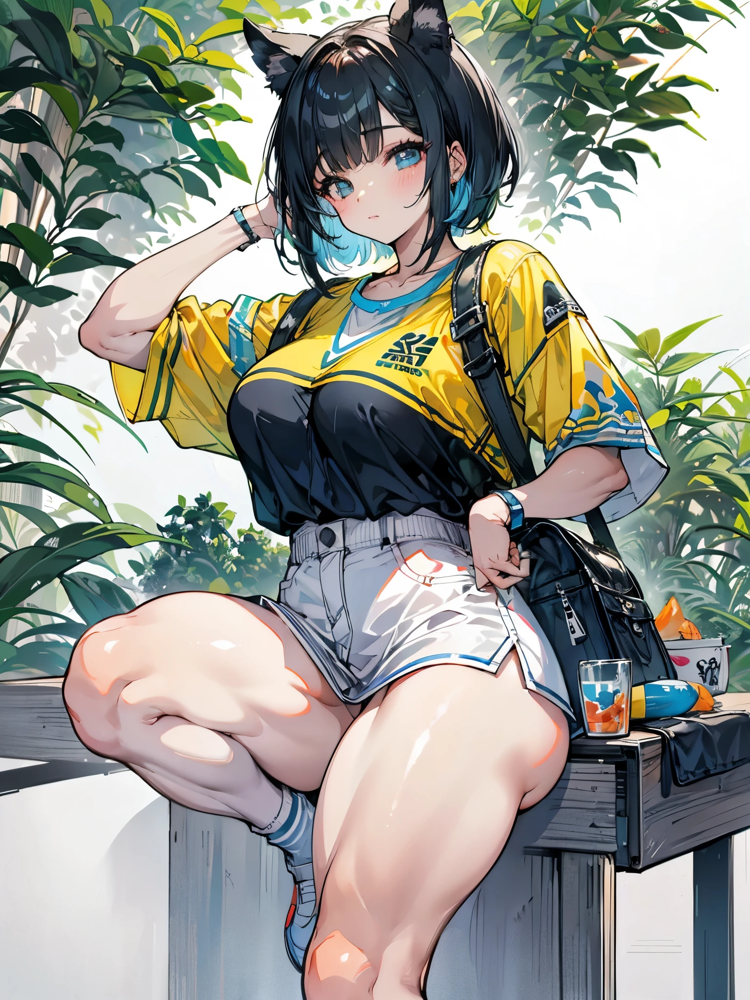 , mochila grande, seios pequenos, bunda grande, thick body, thick coxa, short bob hair, tenis cano alto branco, meia grande, andando abobalhada e divertidamente