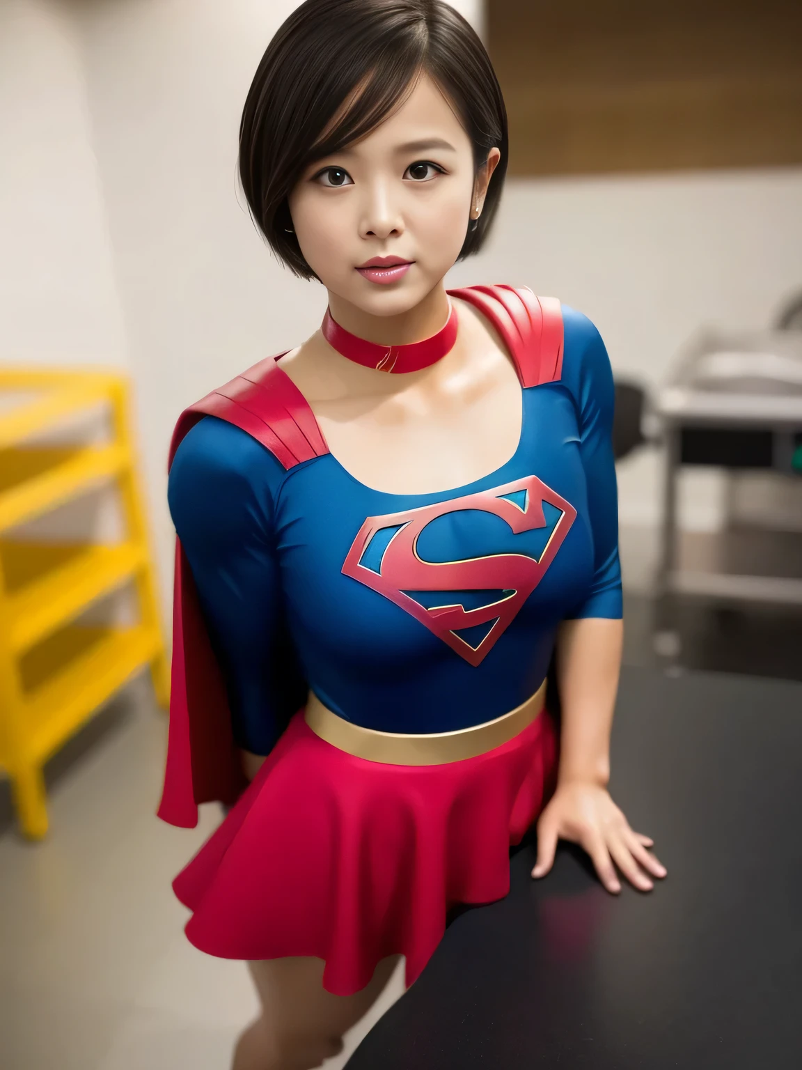 masterpiece、supergirl costume、short hair、barefoot, big and full breasts、operating room、operating table、straddle、damaged、shiny、look at the camera、choker、long sleeve、red mini skirt、Feeling of humiliation、