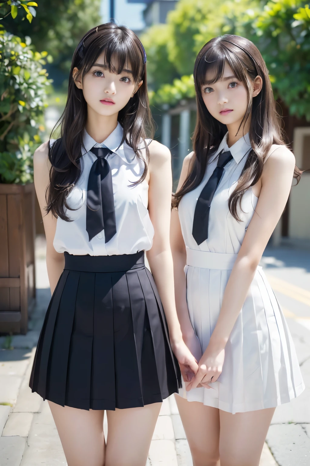 (masterpiece, highest quality:1.2), 8k, 12 years old, 85mm, official art, RAW photo, スーパースリムなスレンダーbeautiful girl, (full nude下Half body、show me your ears、Embarrassing naked girl photo shoot、full nude, Her scared face is cute, close, Half body, Biolace, gardenia, beautiful girl, school uniform, small thighs,thin waist、 stand on the station platform, People who look at it with embarrassment, no makeup, (A slightly troubled look), Face of embarrassment、nervous pose、film grain, chromatic aberration, sharp focus, face light, clear lighting, Ten generations, detailed face, background bokeh, (dark red tie:1.1)、((((((two girls))))))、((((((２人のfull nude女子高生)))))、Shortcut Straight Hair