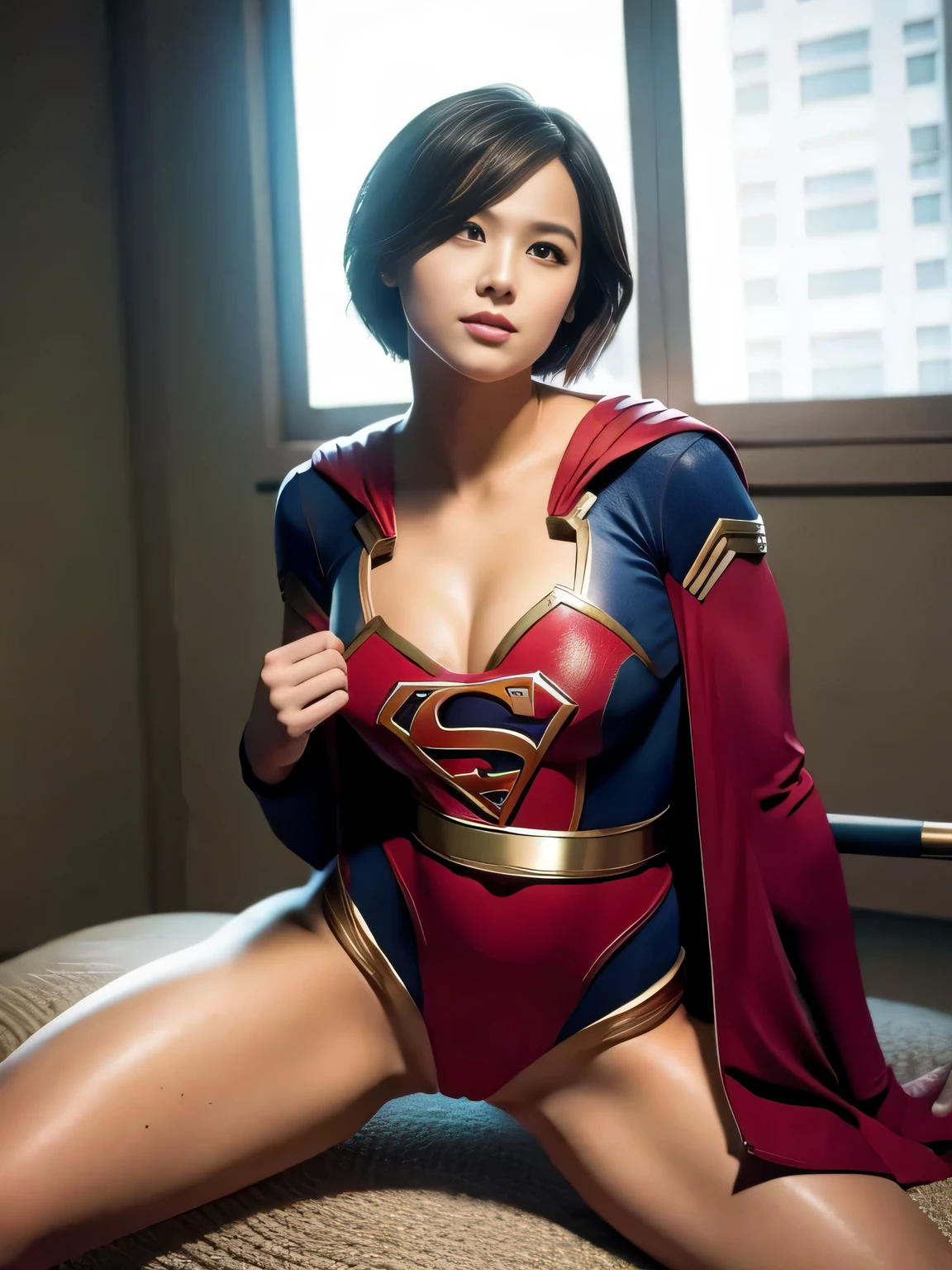 masterpiece、supergirl costume、short hair、barefoot、big and full breasts、operating room、operating table、straddle、damaged、shiny、looking at camera、Seduce、Estrus、Cowgirl、Hedonism、long sleeve、red sexy pose、