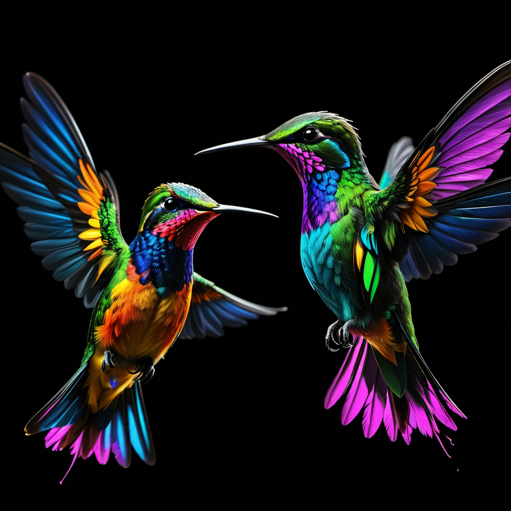 An elegant depiction of a pair of brightly colored hummingbirds gracefully soaring through the pitch-black void, unfurling rainbow-like wings. This highly detailed artwork is rendered in stunning 8K resolution, drawing inspiration from the masterful airbrushing techniques of Charles Lynn "Chuck" Bragg, commonly known as the Birdman. The vibrant creatures stand out against the dark background, providing a high-definition image that surpasses the level of detail and clarity found in typical 4K art wallpapers, truly capturing the essence of nature's blossoming color palette in a realistic photographic display