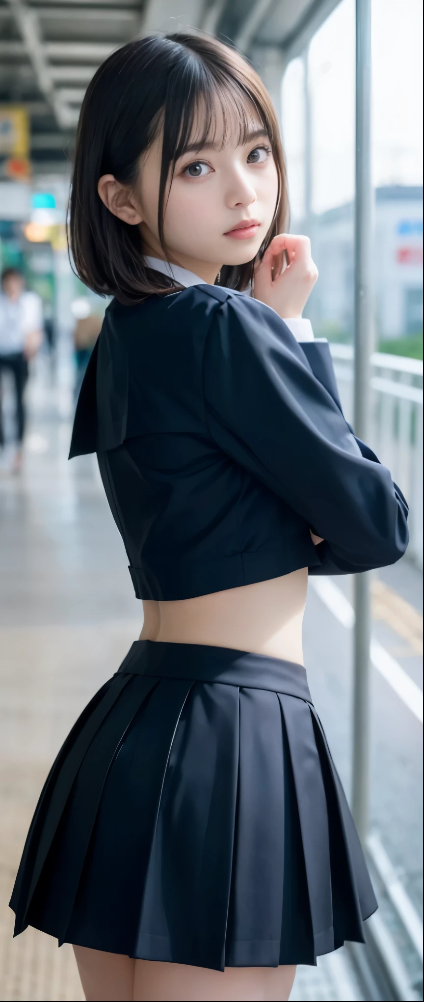 (masterpiece, highest quality:1.2), 8k, , 85mm, official art, RAW photo, スーパースリムなスレンダーbeautiful girl, (full nude下Half body、show me your ears、naked girl photoshoot、full nude, cute face, close, Half body, Biolace, gardenia, beautiful girl, school uniform, thighs, stand on the station platform, looking at the viewer, no makeup, (A slightly troubled look), Face of embarrassment、nervous pose、film grain, chromatic aberration, sharp focus, face light, clear lighting, Ten generations, detailed face, Super realistic and clear station platform background, (dark red tie:1.1)、NSFW,highest quality、8k、masterpiece、ultra high resolution、clear pictures、realistic pictures、Photoreal、professional lighting、Cinematography、pretty girl、国民的beautiful girl、idol sculpture、round face、very short hair、super slender、delicate body、small breasts、thin waist、in the train、 school uniformで、A man in a suit hugs you from behind、Kiss the ear、High school girl in tears、The skirt of the uniform is rolled up、