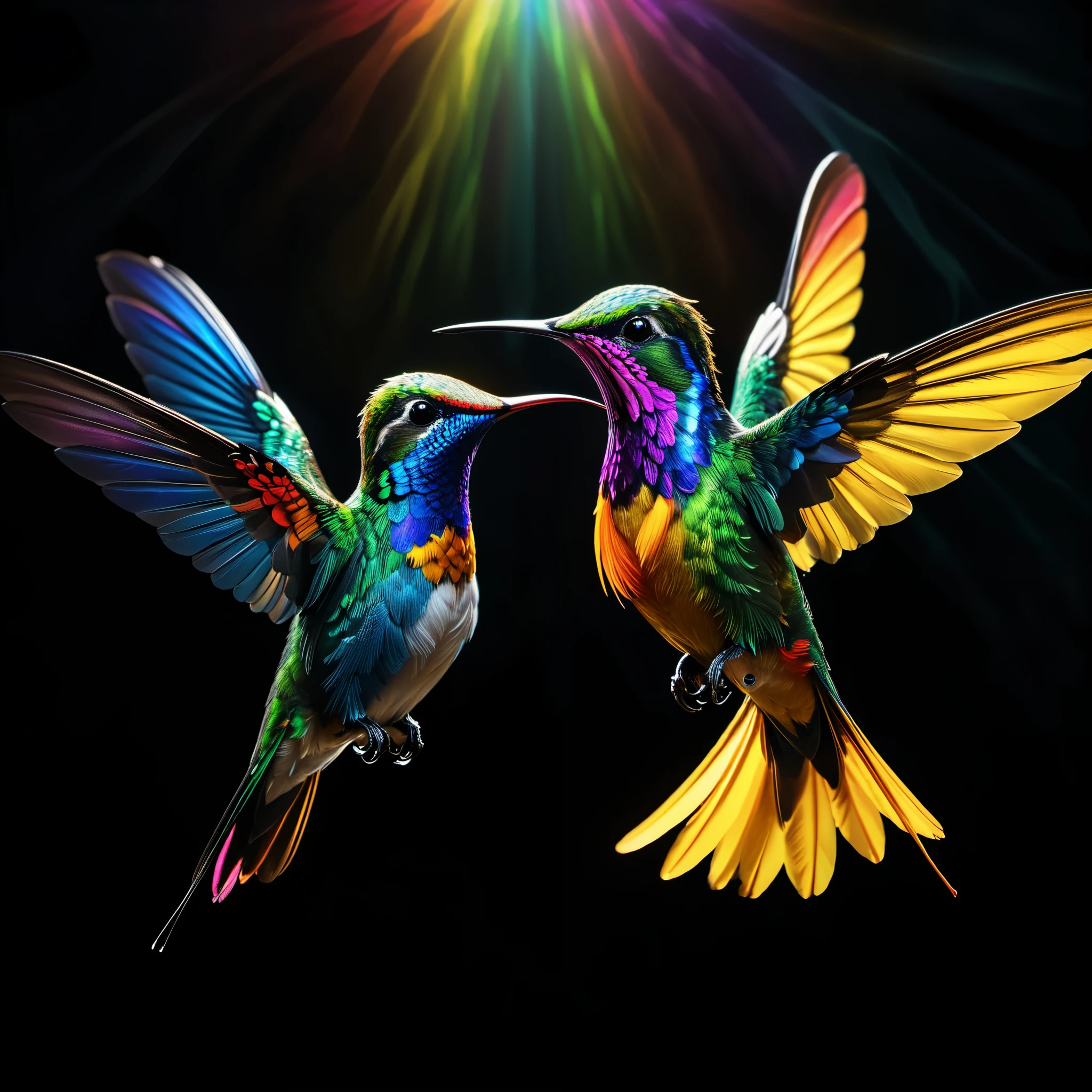 An elegant depiction of a pair of brightly colored hummingbirds gracefully soaring through the pitch-black void, unfurling rainbow-like wings. This highly detailed artwork is rendered in stunning 8K resolution, drawing inspiration from the masterful airbrushing techniques of Charles Lynn "Chuck" Bragg, commonly known as the Birdman. The vibrant creatures stand out against the dark background, providing a high-definition image that surpasses the level of detail and clarity found in typical 4K art wallpapers, truly capturing the essence of nature's blossoming color palette in a realistic photographic display