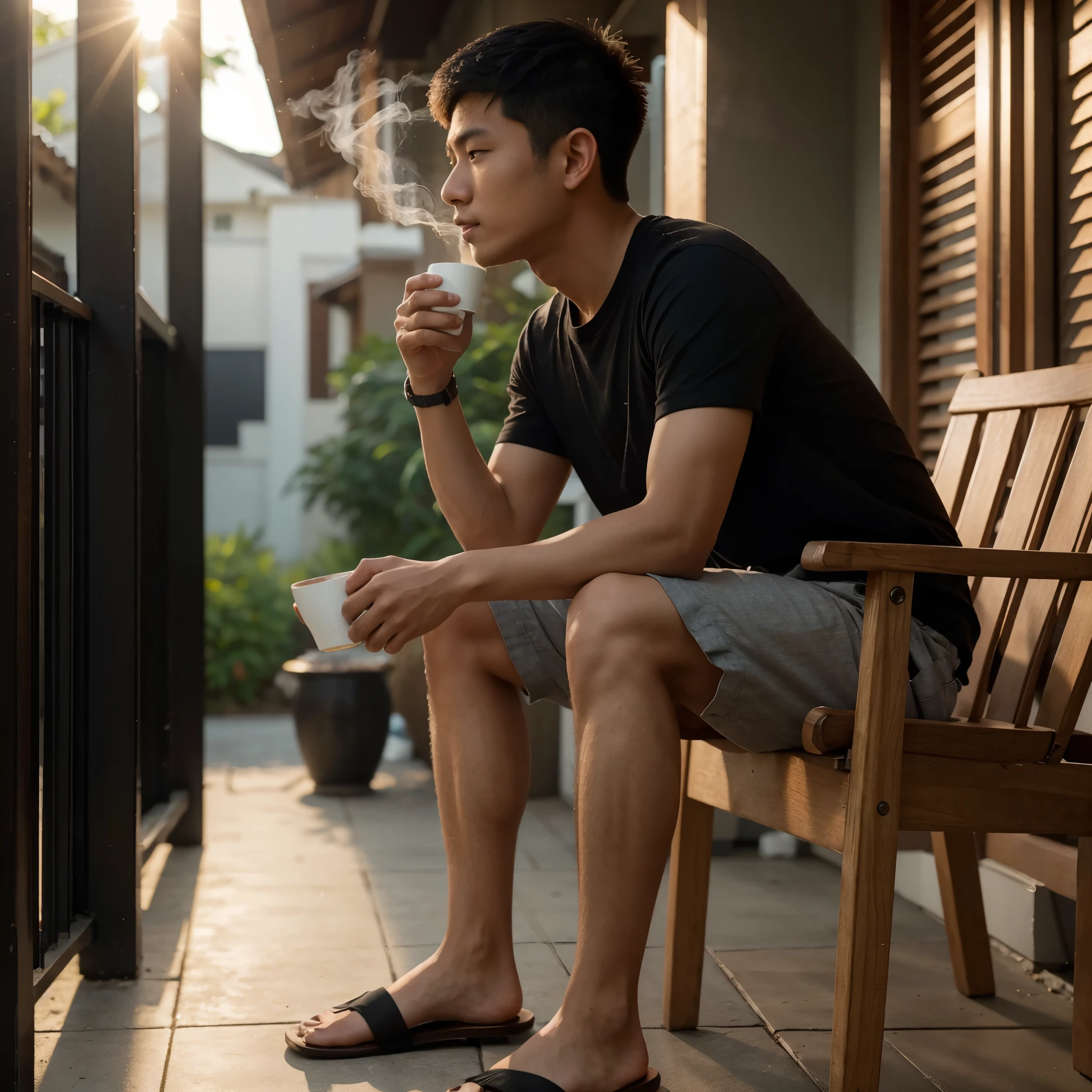 A young Asian man with very short hair wearing a black T-shirt and cream-colored shorts, sporting blue flip-flops, sits on the front porch chair of a house while holding a cup of hot coffee and smoking a cigarette, during the sunrise in the morning. The portrait, taken from the side, is highly realistic, detailed, and in 8K UHD resolution.