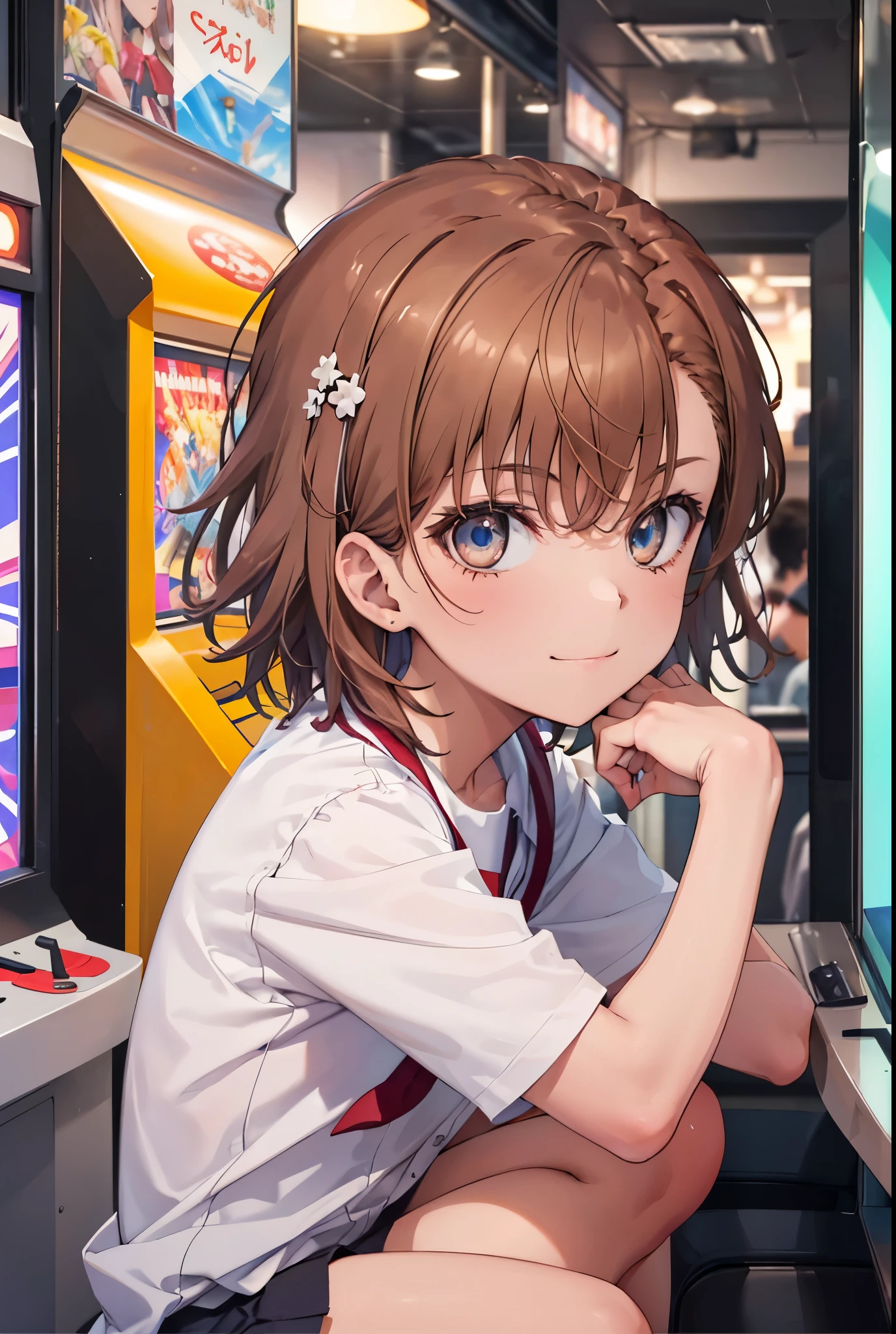 8k,highest quality,masterpiece,(((pixel perfect, Perfect in every detail))), alone, 1 girl, mikoto rose, brown eyes,brown hair,short hair,Tokiwadai School Uniform, bow, looking at the viewer, crossed arms, closed mouth, Upper body,smile,sitting Chair, game_center, scenery, arcade cabinet, Chair, poster (object), indoor ,s4g4m1,(masterpiece:1.2), highest quality, High resolution, unity 8k wallpaper, (shape:0.8), (beautiful and detailed eyes:1.6), highly detailed face, perfect lighting, Very detailed CG, (perfect hands, perfect anatomy),