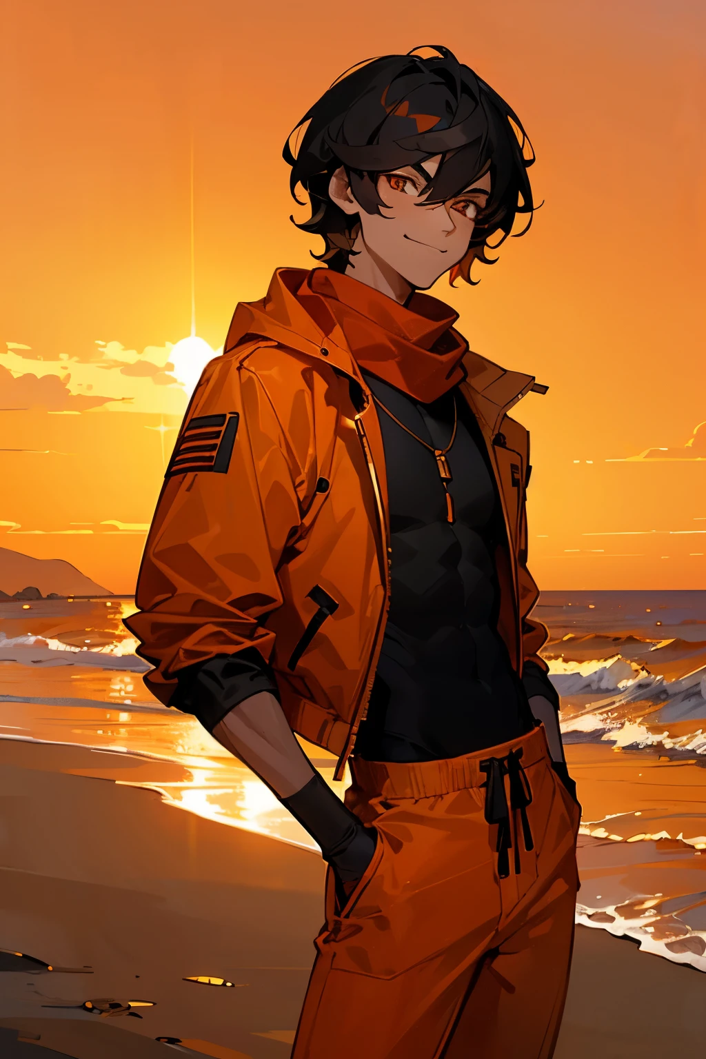 short wavy hair, orange jacket, red scarf, black shirt, young male, golden eyes, sunset, black hair, smirk, sandy background, caramel skin tone, muscular, orange pants, orange tinted glasses, short build