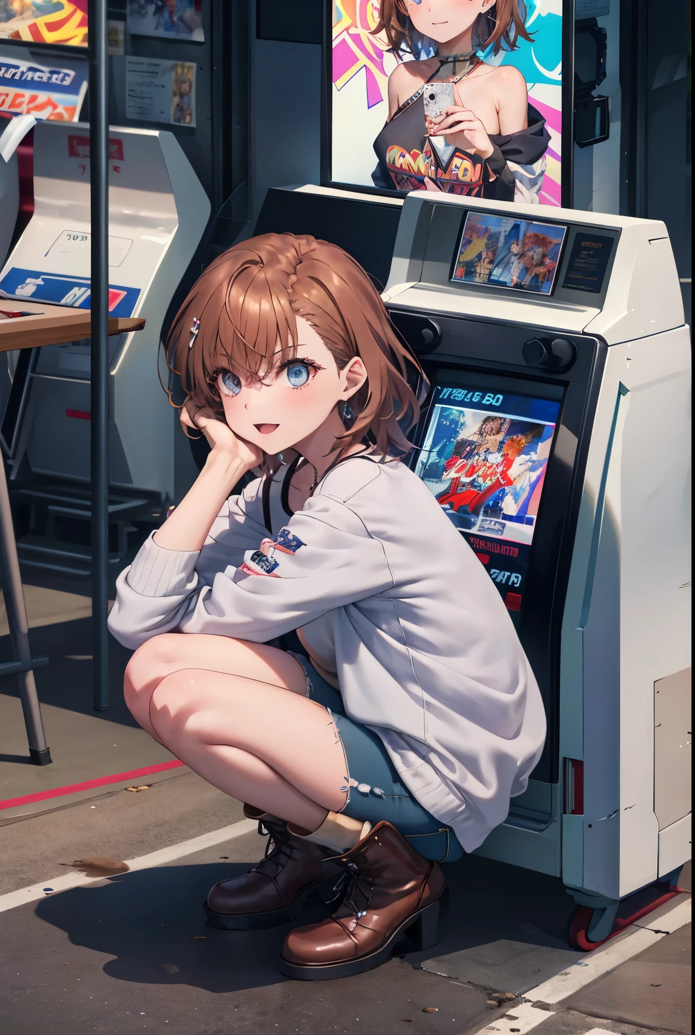 8k,highest quality,masterpiece,(((pixel perfect, Perfect in every detail))), alone, 1 girl, mikoto rose, brown eyes,brown hair,short hair,looking at the viewer,off shoulder dress,short denim,short boots, open mouth,smile,sitting Chair, game_center, scenery, arcade cabinet, Chair, poster (object), indoor ,s4g4m1,(masterpiece:1.2), highest quality, High resolution, unity 8k wallpaper, (shape:0.8), (beautiful and detailed eyes:1.6), highly detailed face, perfect lighting, Very detailed CG, (perfect hands, perfect anatomy),