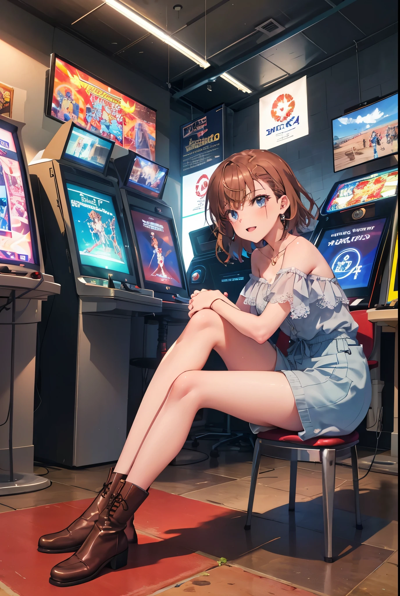 8k,highest quality,masterpiece,(((pixel perfect, Perfect in every detail))), alone, 1 girl, mikoto rose, brown eyes,brown hair,short hair,looking at the viewer,off shoulder dress,short denim,short boots, open mouth,smile,sitting Chair, game_center, scenery, arcade cabinet, Chair, poster (object), indoor ,s4g4m1,(masterpiece:1.2), highest quality, High resolution, unity 8k wallpaper, (shape:0.8), (beautiful and detailed eyes:1.6), highly detailed face, perfect lighting, Very detailed CG, (perfect hands, perfect anatomy),