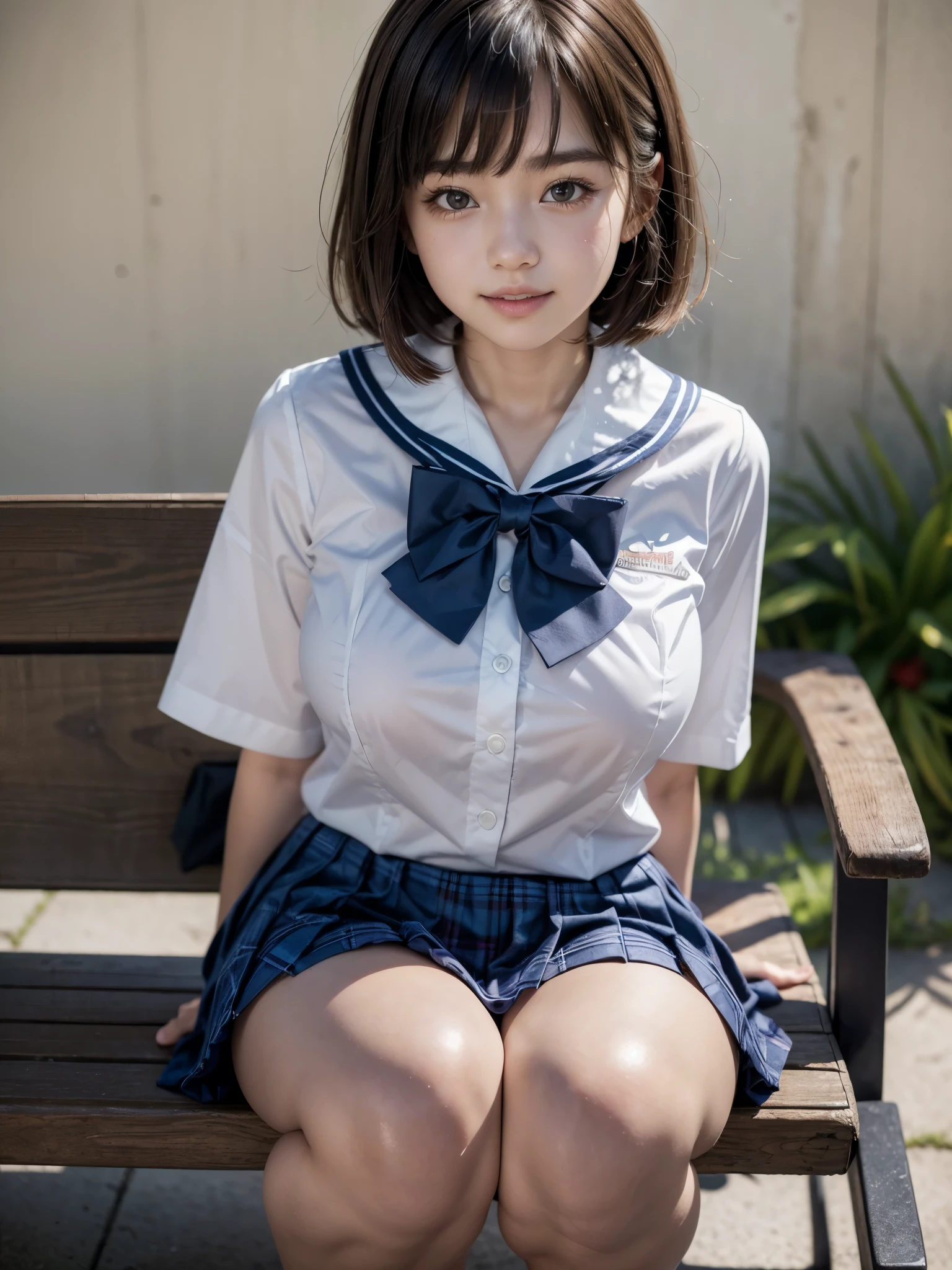 (masterpiece:1.3), (8K、photorealistic, Raw photo, best quality:1.2), (solo), (1 girl), (cute:1.3), (very beautiful 14 year old japanese girl), Symmetrical perfect face, wonderful smile, cheeks are red, (high detail skin: 1.2), Photorealistic anime girl rendering, Realistic anime 3d style, beautiful brown hair bob cut, intense black eyes, strong eye highlights, (Accurate and natural normal size breasts), perfect anatomy, hair is messy, (sailor suit), ((white short-sleeved shirt with a navy collar, girls high school uniform,  navy pleated skirt, navy blue plaid bow tie)), (Luxury silk bra and panties), accurate arm, five fingers, accurate legs, morning, (Beautiful Landscape Background), (downtown), On the bench, get up, volume lighting, soft light, bright, neon, Bright colors