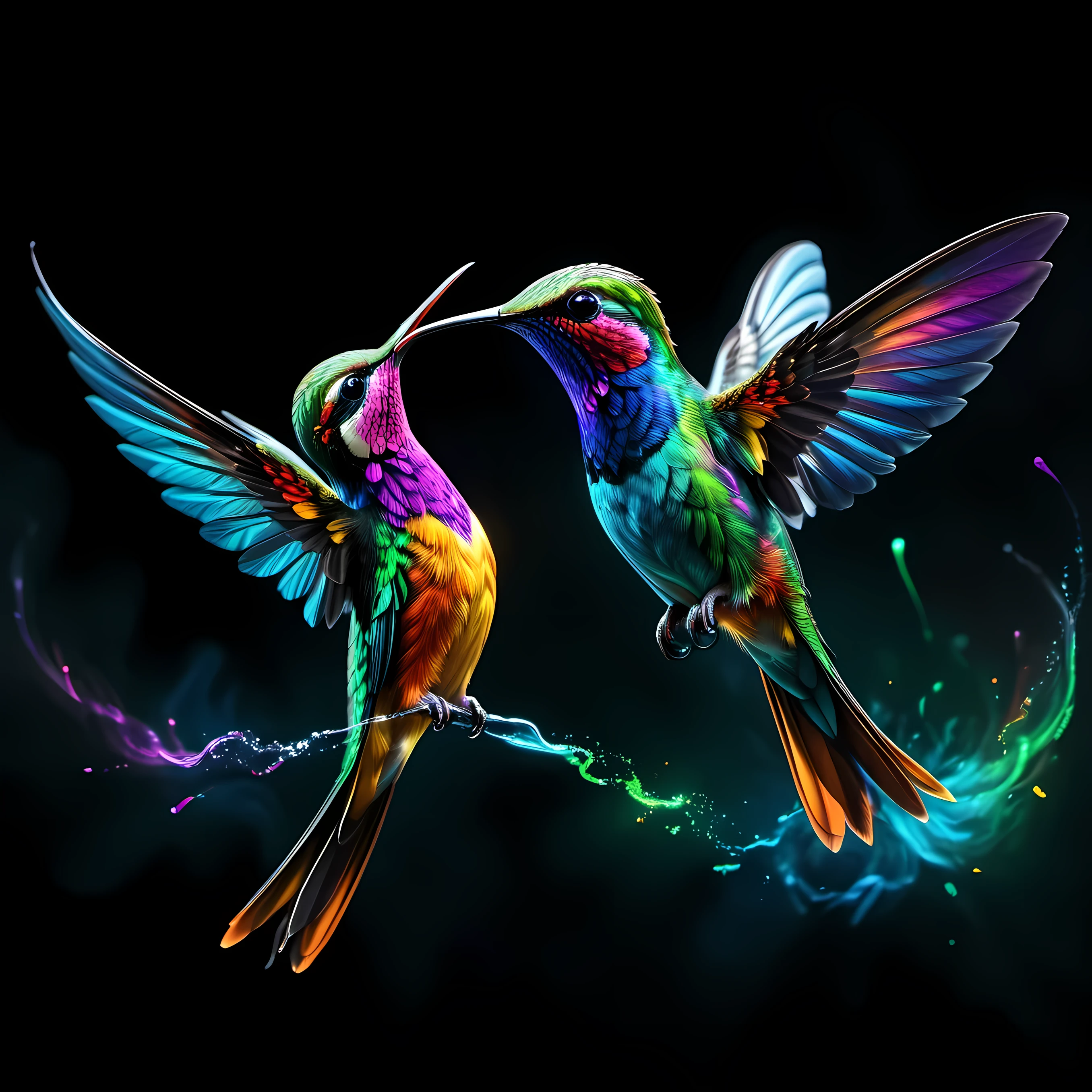 Elegantly depicting a pair of brightly colored hummingbirds soaring gracefully through a dark void, Spread your rainbow wings. This highly detailed artwork is rendered in stunning 8K resolution, Draw inspiration from Charles Lynn&#39;s masterful airbrushing techniques "Chuck" prague, Commonly known as &quot;Birdman&quot;. Vibrant creatures stand out against dark background, Delivers high-definition images with levels of detail and clarity beyond typical 4K art wallpapers, Truly capture the essence of nature&#39;s brilliant colors in realistic photographic displays