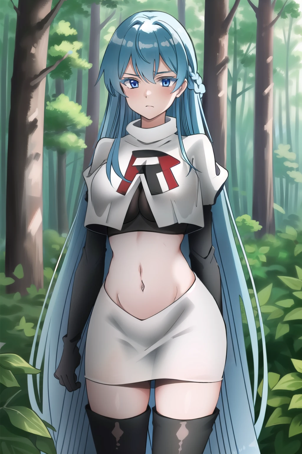 (extremely detailed CG unity 4k wallpaper),(masterpiece),(best quality),(ultra-detailed),(best illustration),(best shadow),(absurdres),(detailed background), Esdeath, 1girl, breasts, long hair, blue hair, blue eyes, large breasts, very long hair, nature, forest, tattoo, mature woman, team rocket,team rocket uniform, red letter R, white skirt,white crop top,black thigh-highs,black elbow gloves