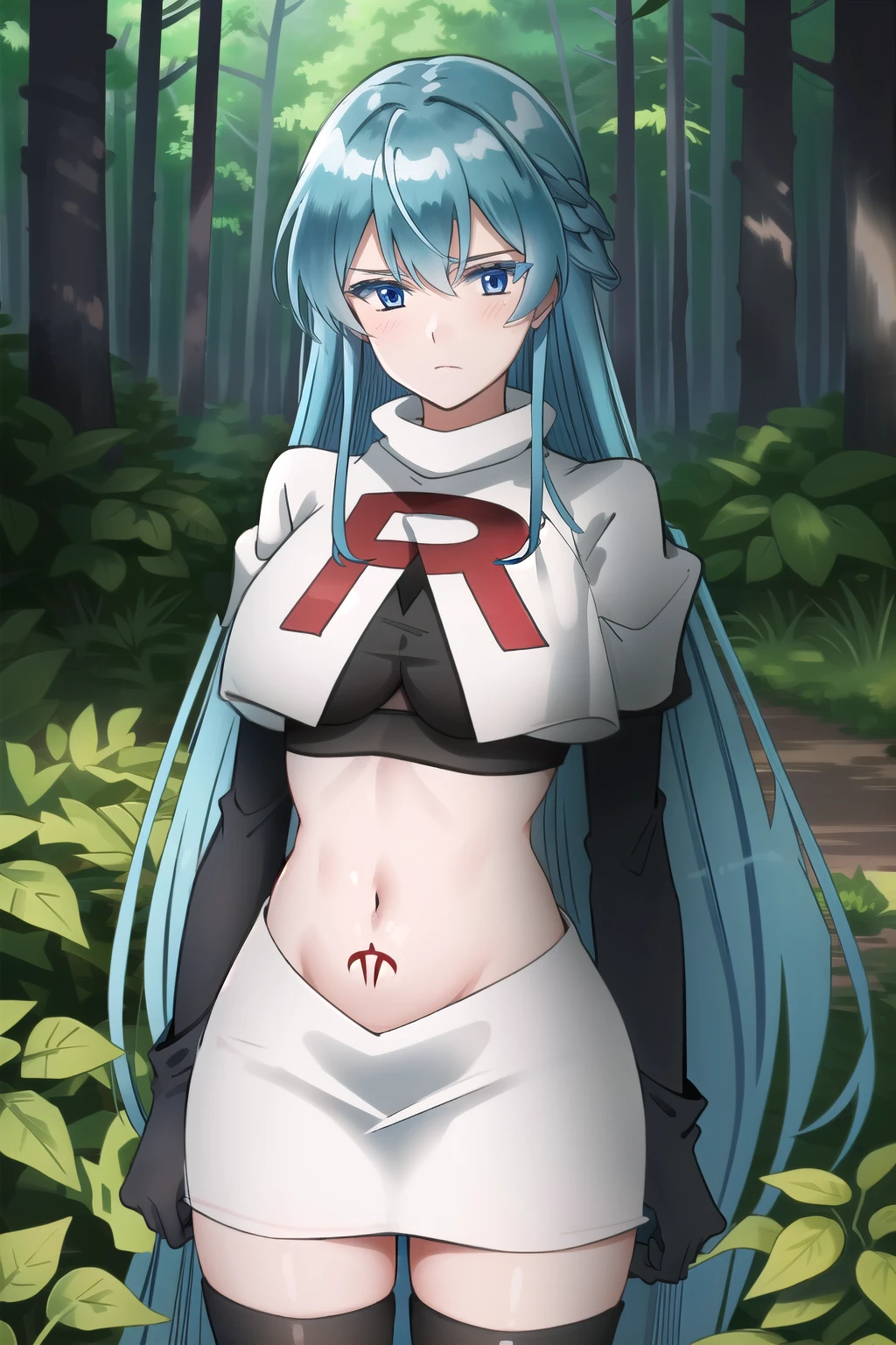 (extremely detailed CG unity 4k wallpaper),(masterpiece),(best quality),(ultra-detailed),(best illustration),(best shadow),(absurdres),(detailed background), Esdeath, 1girl, breasts, long hair, blue hair, blue eyes, large breasts, very long hair, nature, forest, tattoo, mature woman, team rocket,team rocket uniform, red letter R, white skirt,white crop top,black thigh-highs,black elbow gloves