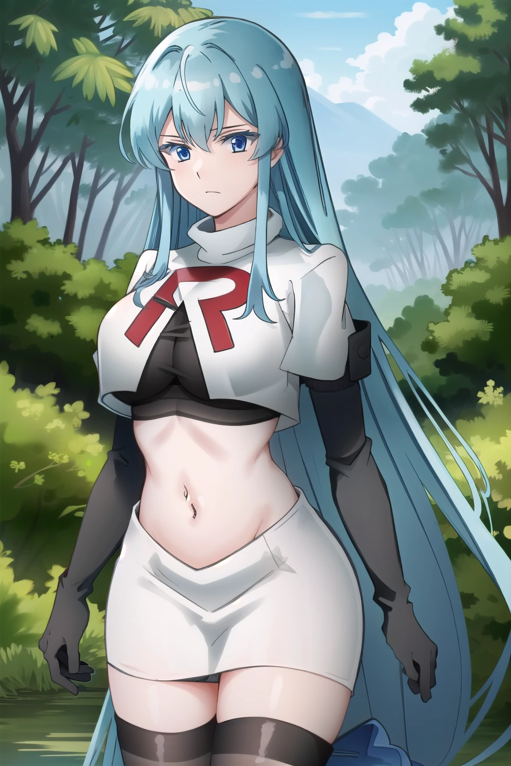 (extremely detailed CG unity 4k wallpaper),(masterpiece),(best quality),(ultra-detailed),(best illustration),(best shadow),(absurdres),(detailed background), Esdeath, 1girl, breasts, long hair, blue hair, blue eyes, large breasts, very long hair, nature, forest, tattoo, mature woman, team rocket,team rocket uniform, red letter R, white skirt,white crop top,black thigh-highs,black elbow gloves