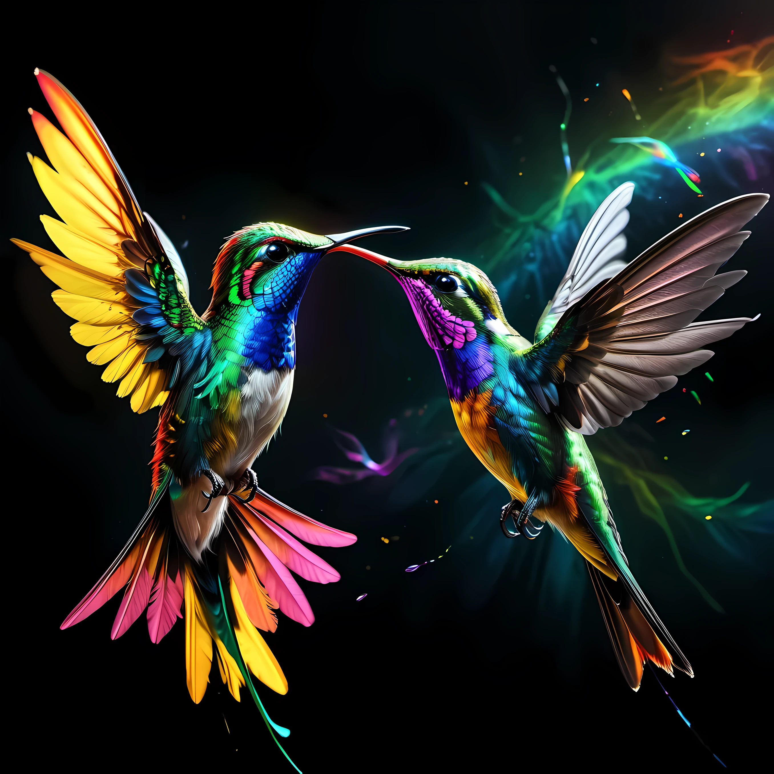 Elegantly depicting a pair of brightly colored hummingbirds soaring gracefully through a dark void, Spread your rainbow wings. This highly detailed artwork is rendered in stunning 8K resolution, Draw inspiration from Charles Lynn&#39;s masterful airbrushing techniques "Chuck" prague, Commonly known as &quot;Birdman&quot;. Vibrant creatures stand out against dark background, Delivers high-definition images with levels of detail and clarity beyond typical 4K art wallpapers, Truly capture the essence of nature&#39;s brilliant colors in realistic photographic displays