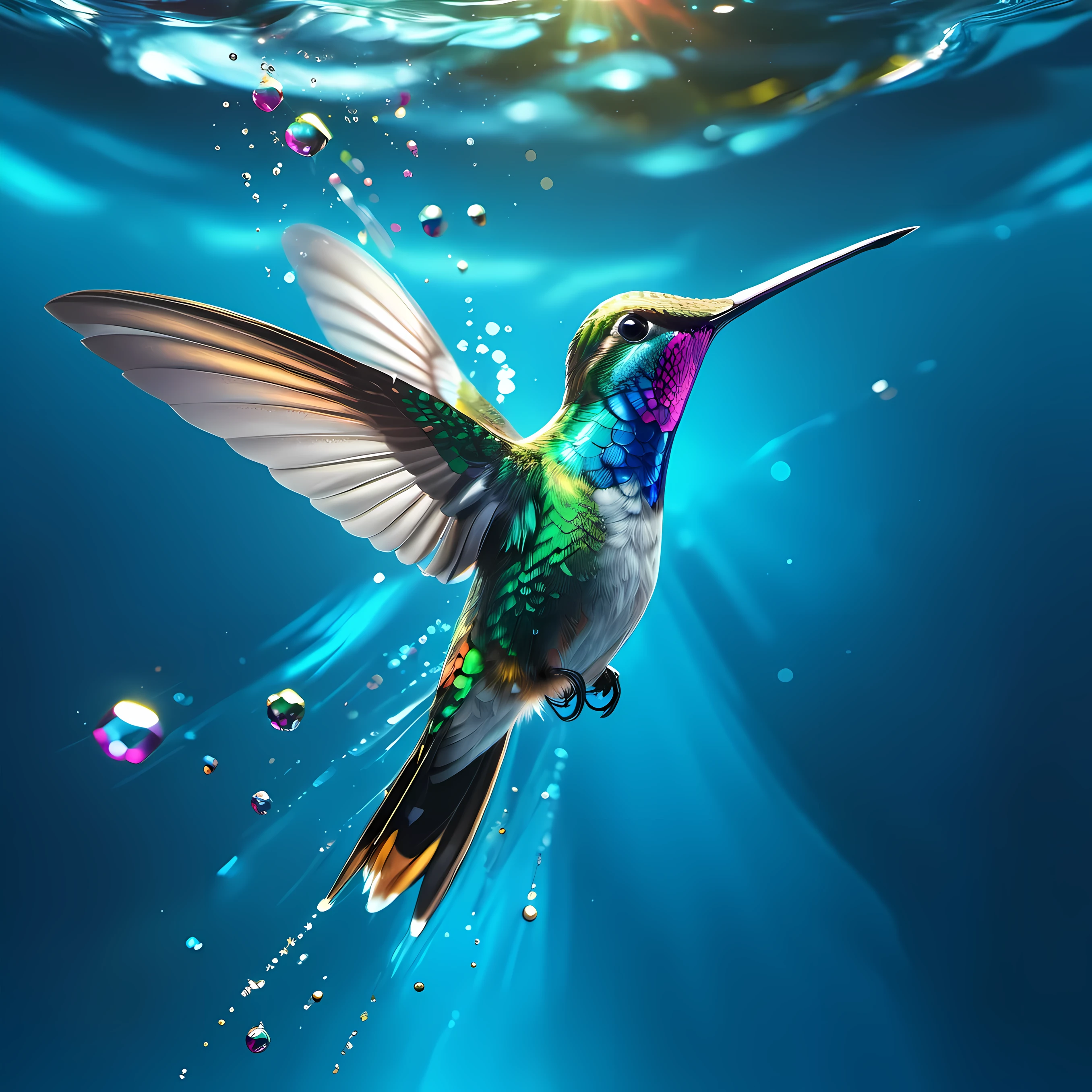 4K 超详细数字艺术作品捕捉了hummingbird在宁静的蓝色水面上迷人的飞行, reminiscent of mike winkelmann (Mike Winkelmann) lifelike paintings created (hummingbird) Similar to the vividness of award-winning nature photography. The scene depicts the bird gliding gracefully over the water, Its entire body glows with iridescence, especially its eyes, sparkle like two radiant gems. This epic concept art showcases dynamic bokeh effects, Highlight the mastery of digital painting technology, Similar to Shutterstock Contest Approved Masterpieces.

